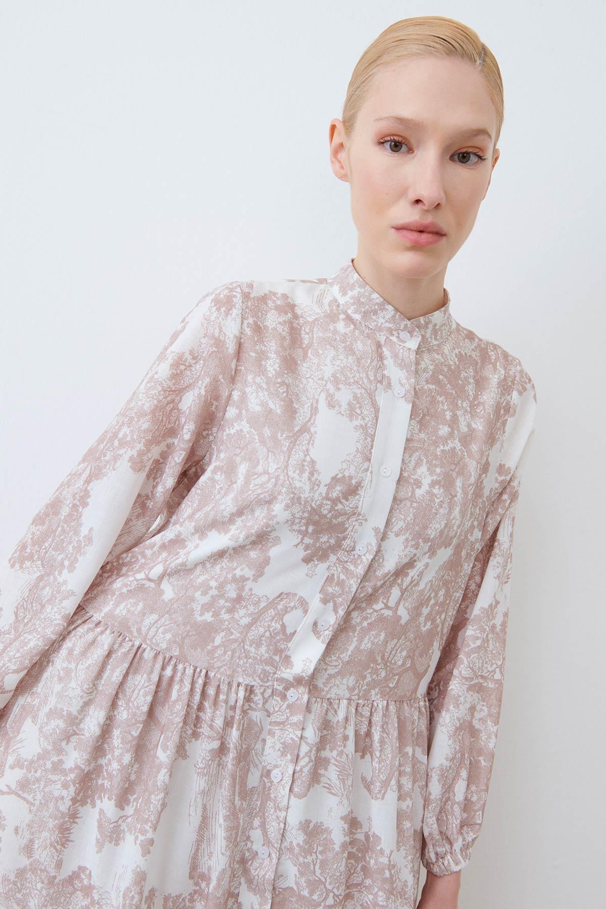LADY PATTERNED LINEN LAYERED DRESS MINK