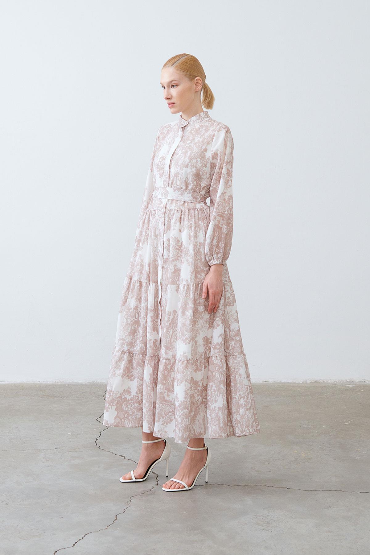 LADY PATTERNED LINEN LAYERED DRESS MINK