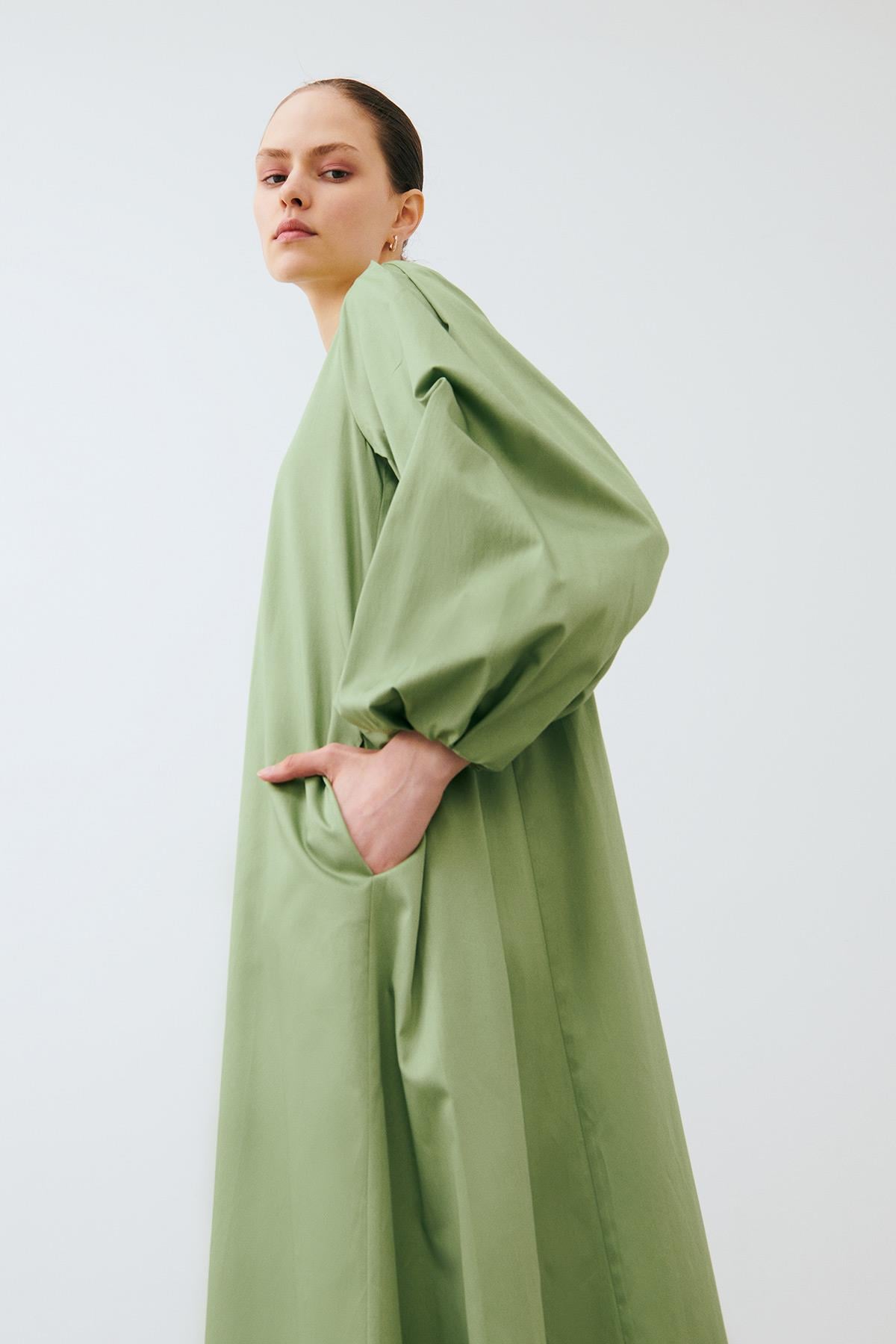 LENA BALON KOL KOTON ELBİSE YEŞİL