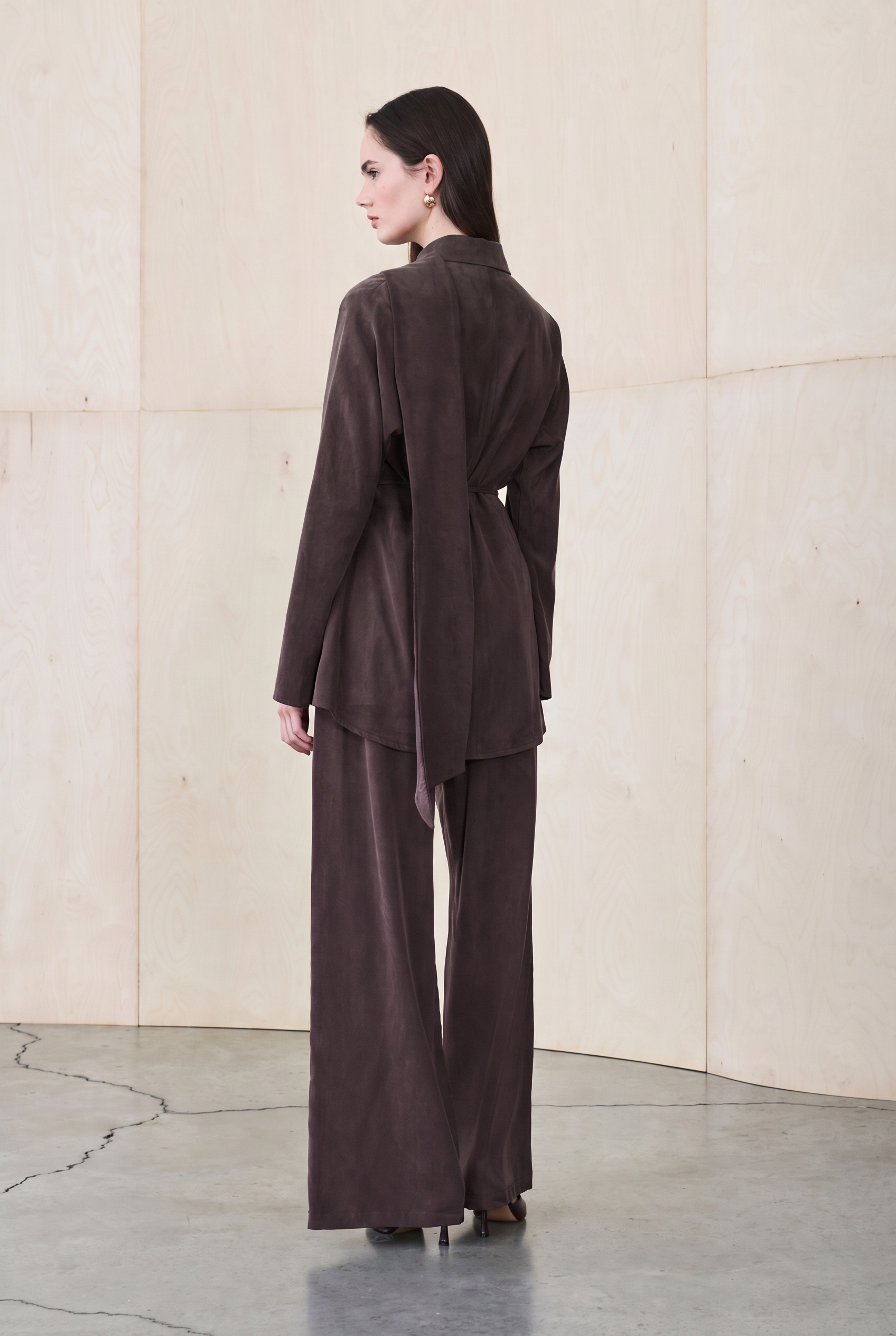 LUCAS LYOCELL SHAWL DETAIL PANTS SET BROWN
