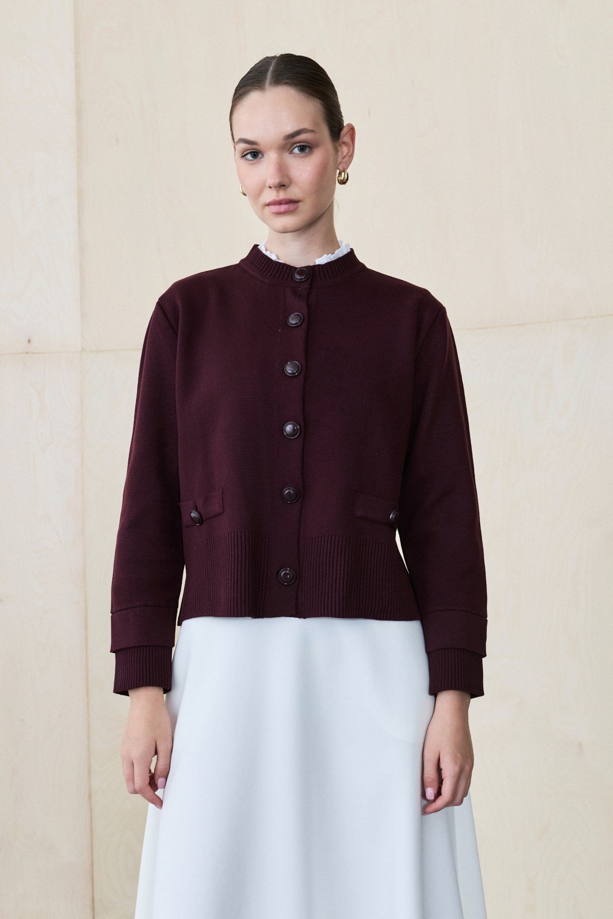 MEVA SHIRT COLLAR KNIT CARDIGAN BURGUNDY