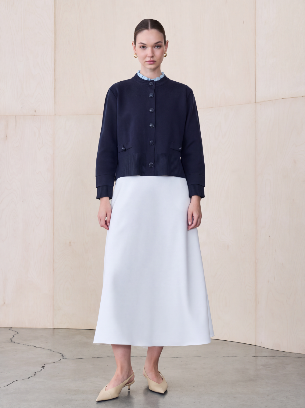 MEVA SHIRT COLLAR KNIT CARDIGAN NAVY BLUE
