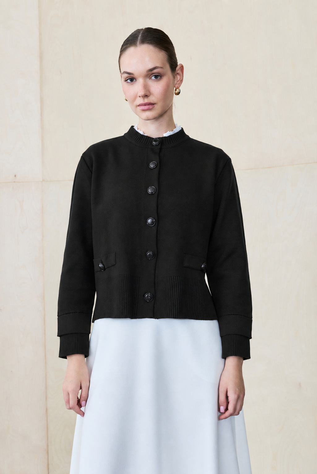 MEVA SHIRT COLLAR KNIT CARDIGAN BLACK
