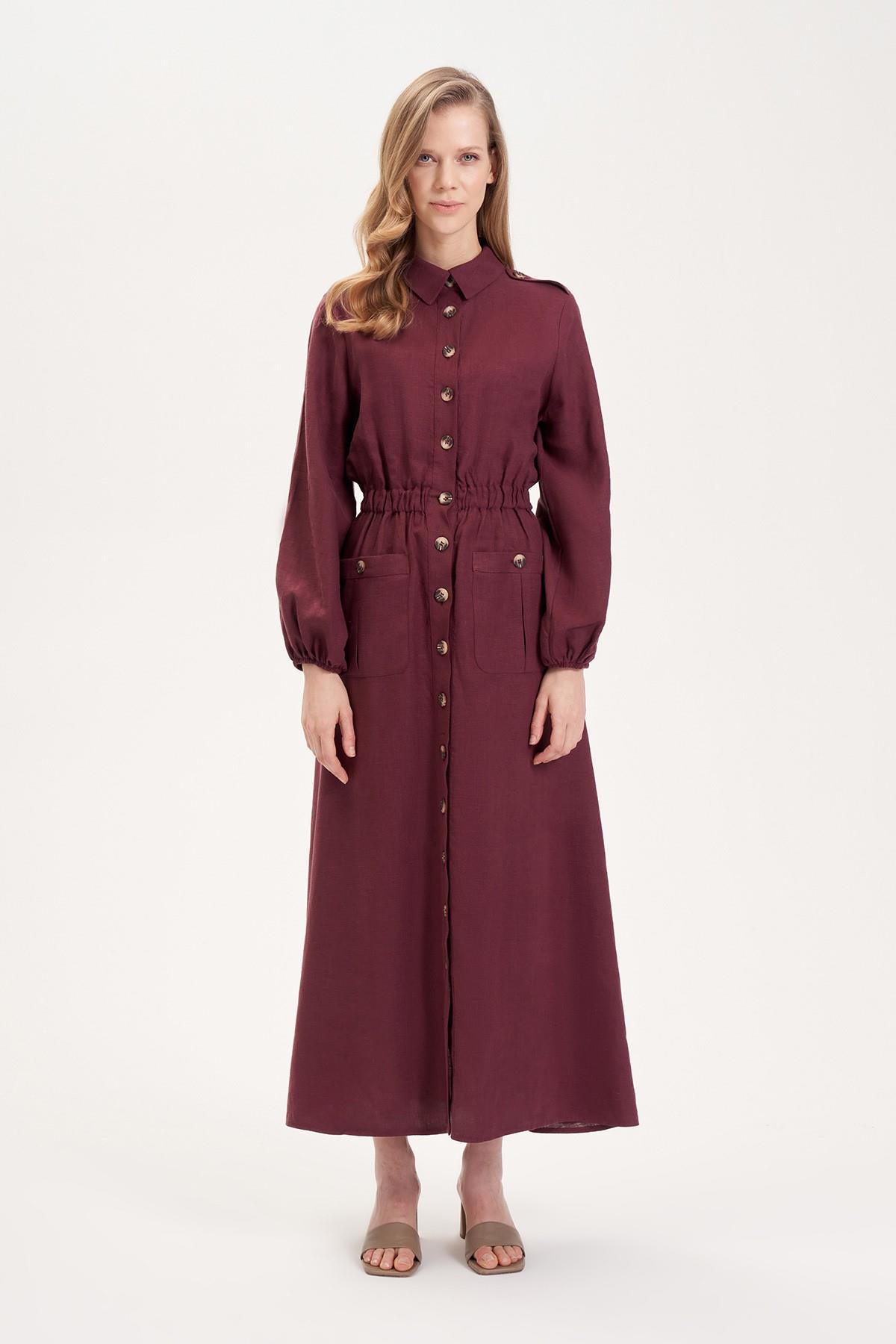 MİORİ LOREN %100 KETEN ELBİSE BORDO