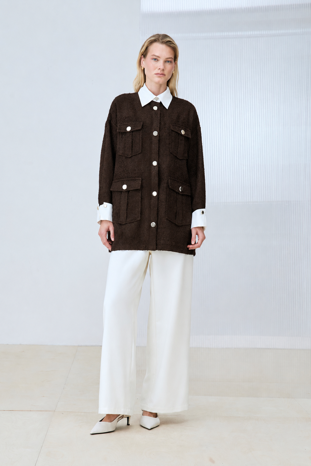 MOON SHIRT DETAIL TWEED JACKET BROWN