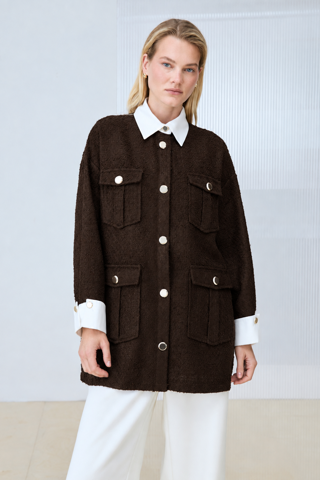 MOON SHIRT DETAIL TWEED JACKET BROWN