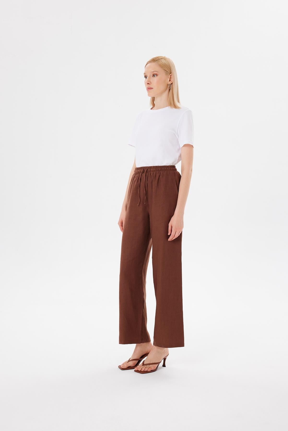 NATURAL %100 KETEN BOL PANTOLON KAHVE