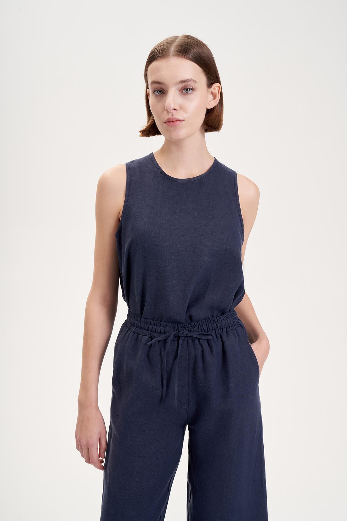 NATURAL %100 KETEN BOL PANTOLON LACİVERT