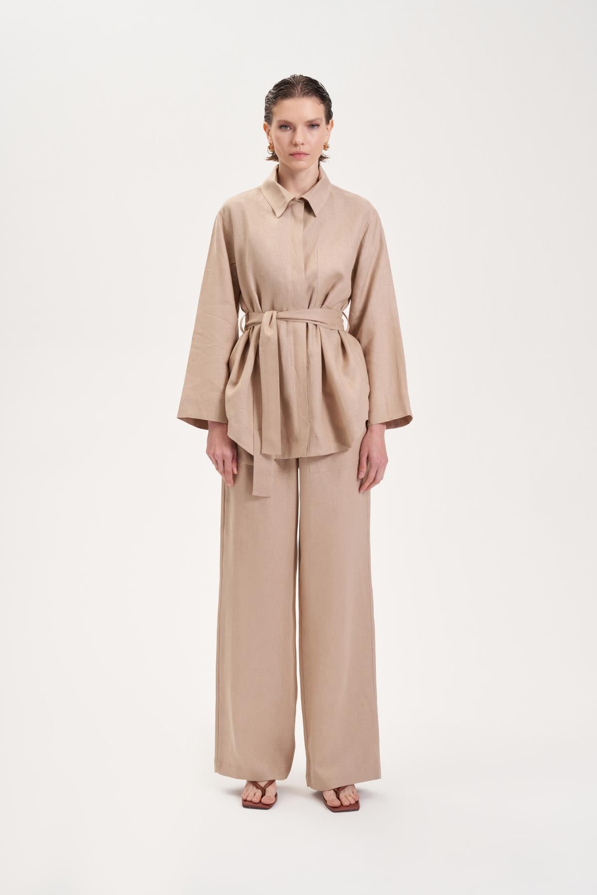 NATURAL %100 KETEN CEP DETAYLI TAKIM CAMEL