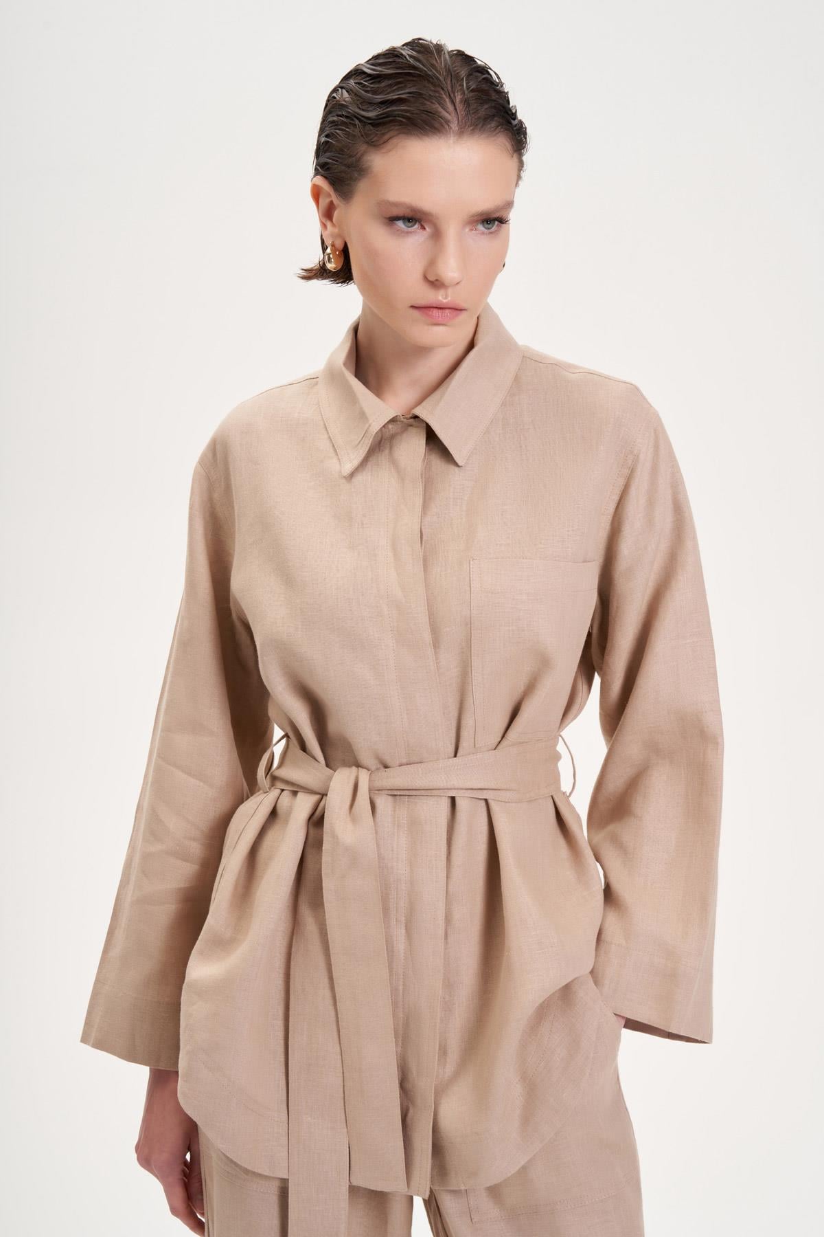 NATURAL %100 KETEN CEP DETAYLI TAKIM CAMEL