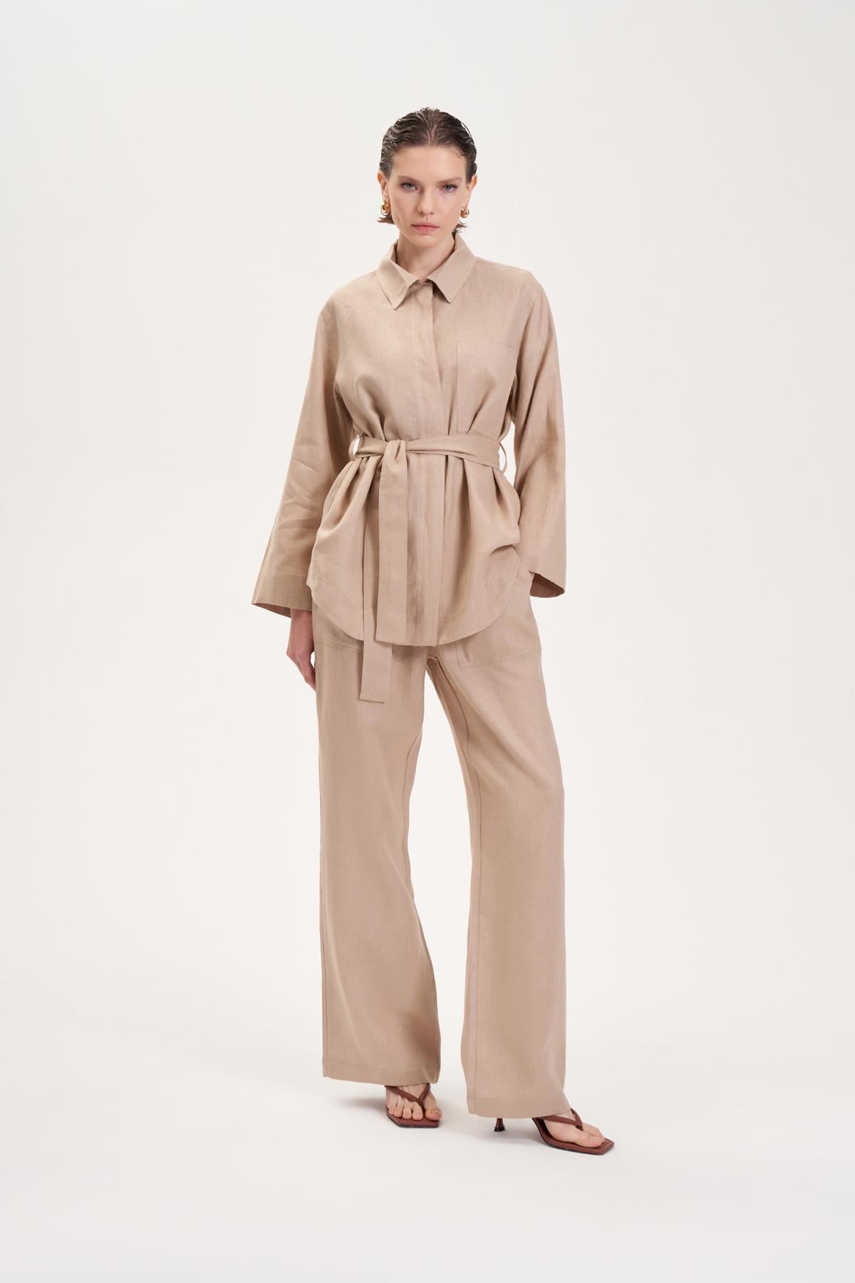 NATURAL %100 KETEN CEP DETAYLI TAKIM CAMEL
