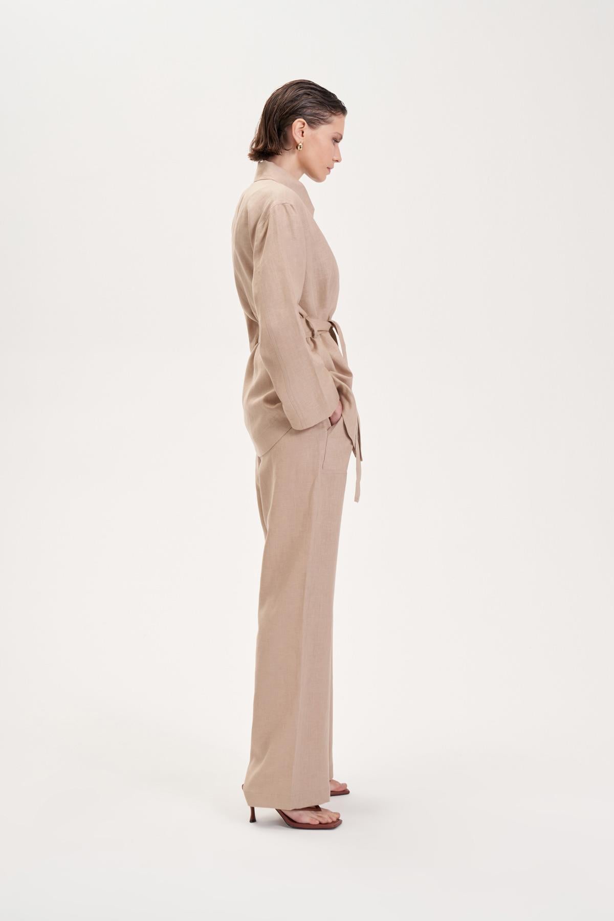 NATURAL %100 KETEN CEP DETAYLI TAKIM CAMEL