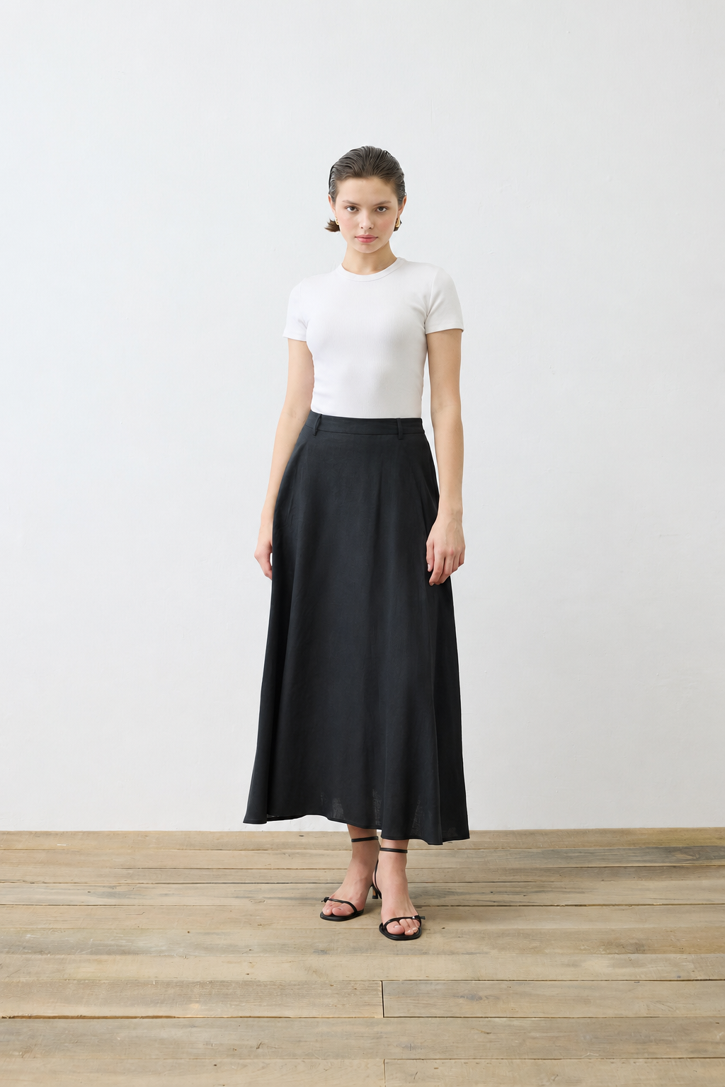 NATURAL %100 LINEN FLARED SKIRT BLACK