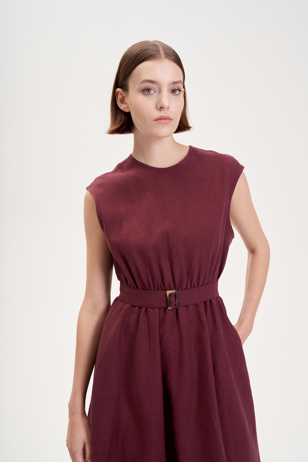 NATURAL %100 KETEN KOLSUZ KLOŞ ELBİSE BORDO