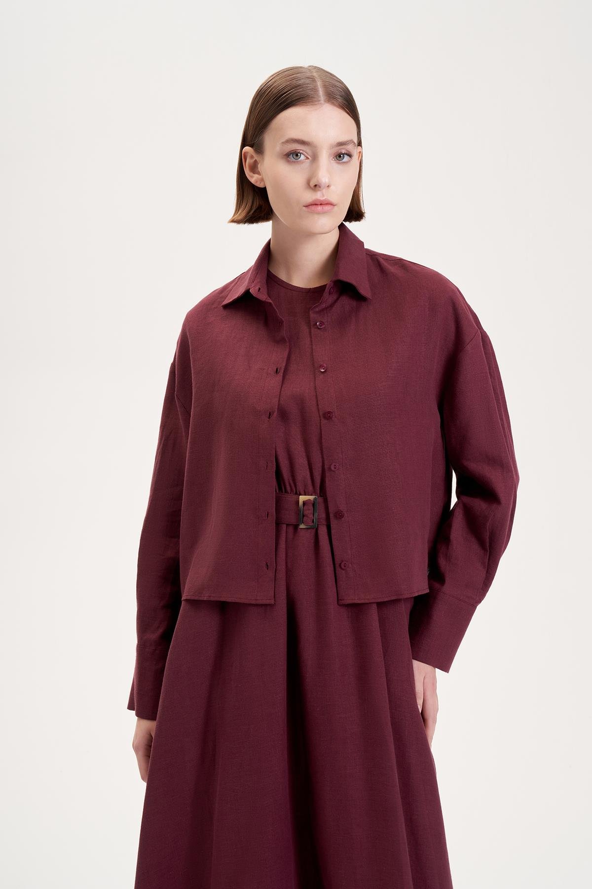NATURAL %100 KETEN KOLSUZ KLOŞ ELBİSE BORDO