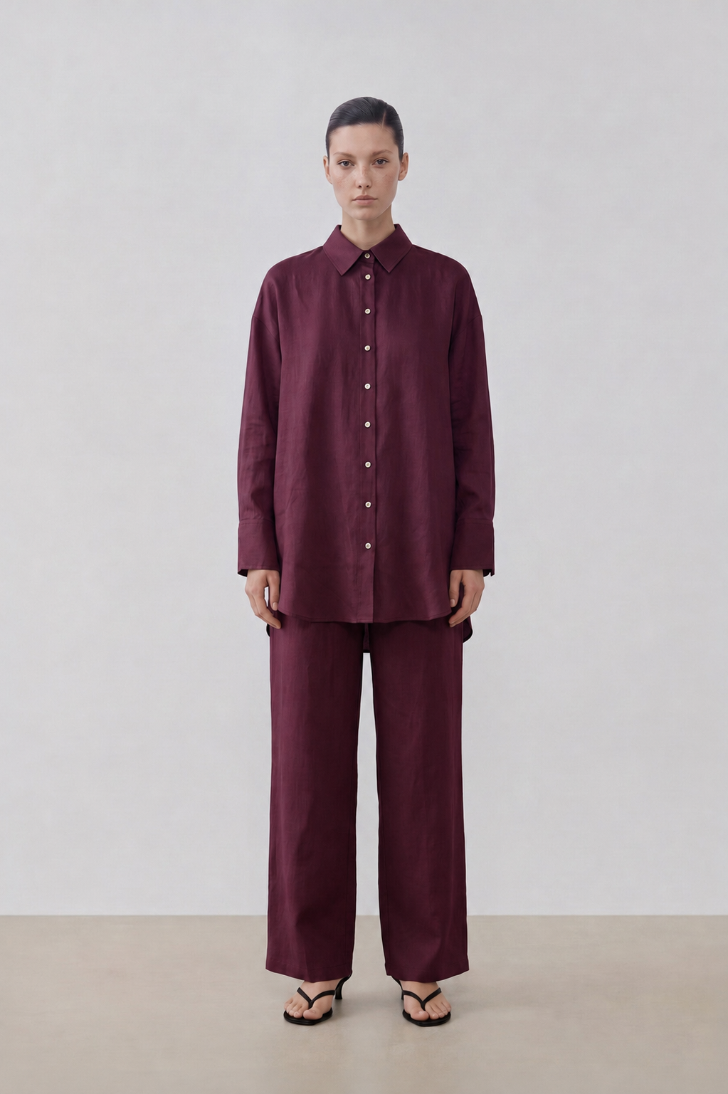 NATURAL %100 LINEN PANTS SET BURGUNDY
