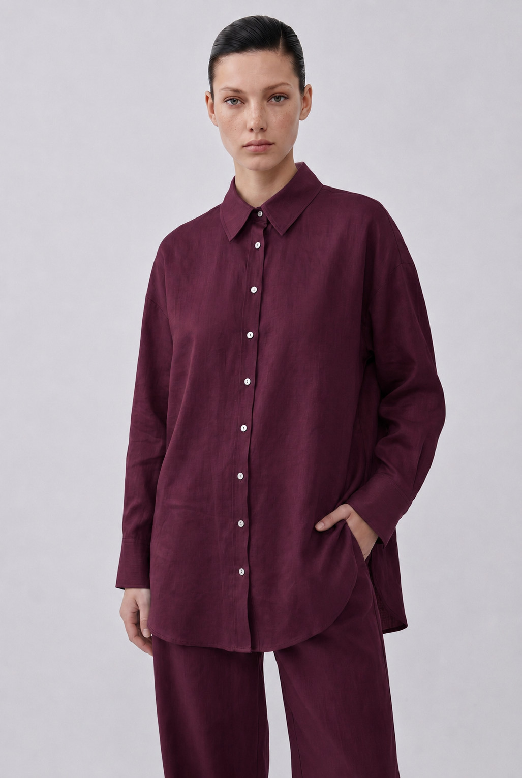 NATURAL %100 LINEN PANTS SET BURGUNDY
