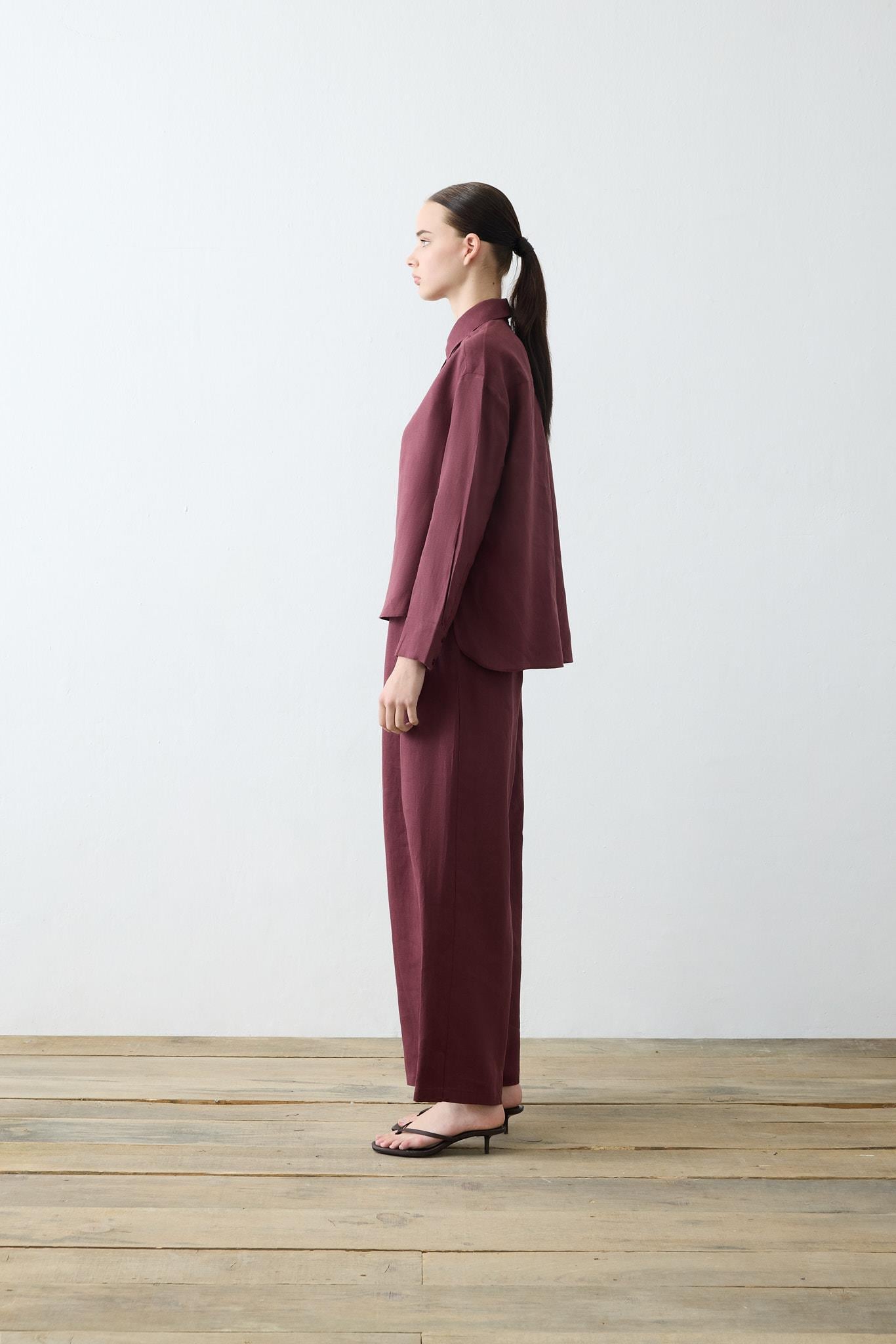 NATURAL %100 KETEN PİLE DETAYLI PANTOLON TAKIM BORDO