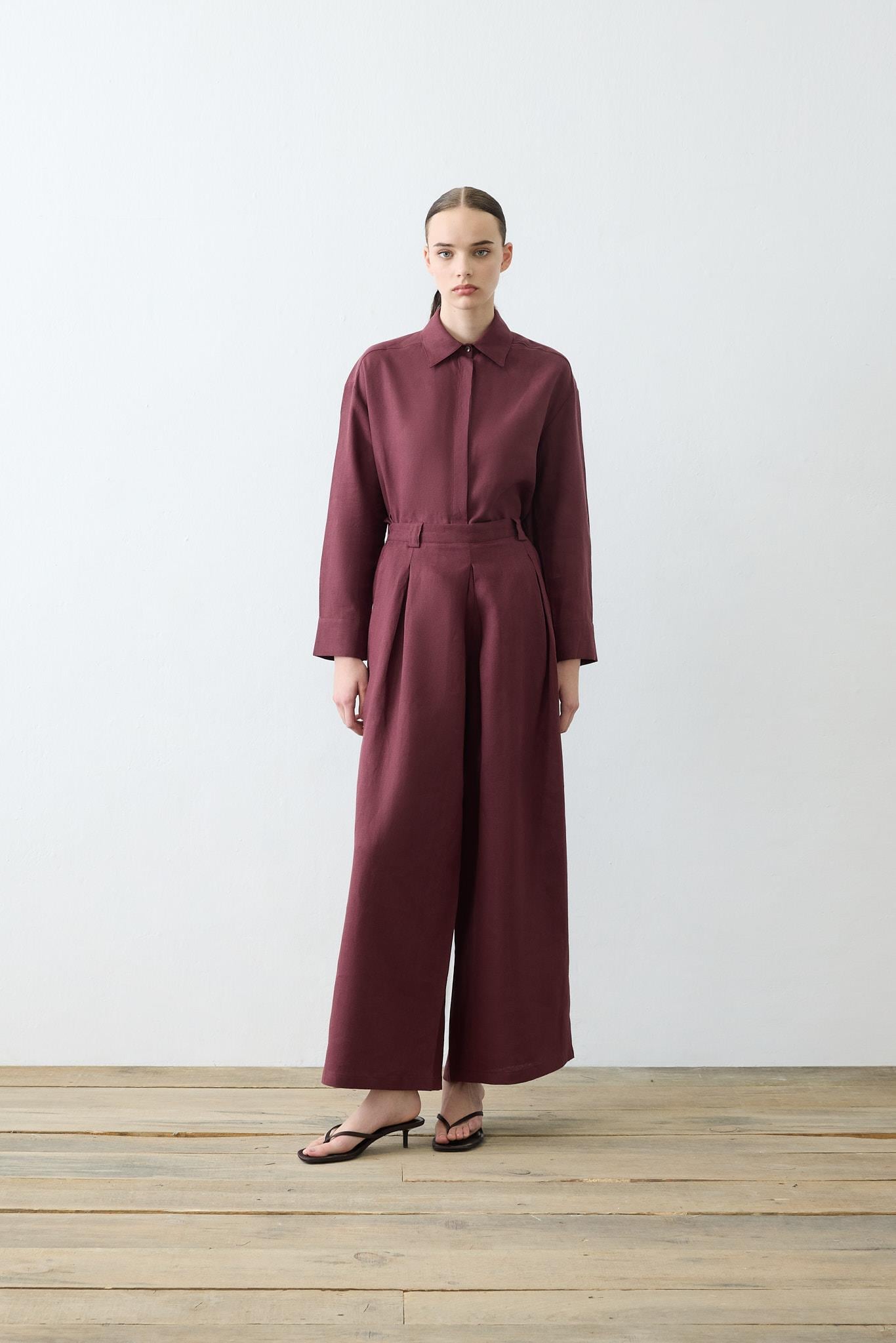 NATURAL %100 KETEN PİLE DETAYLI PANTOLON TAKIM BORDO