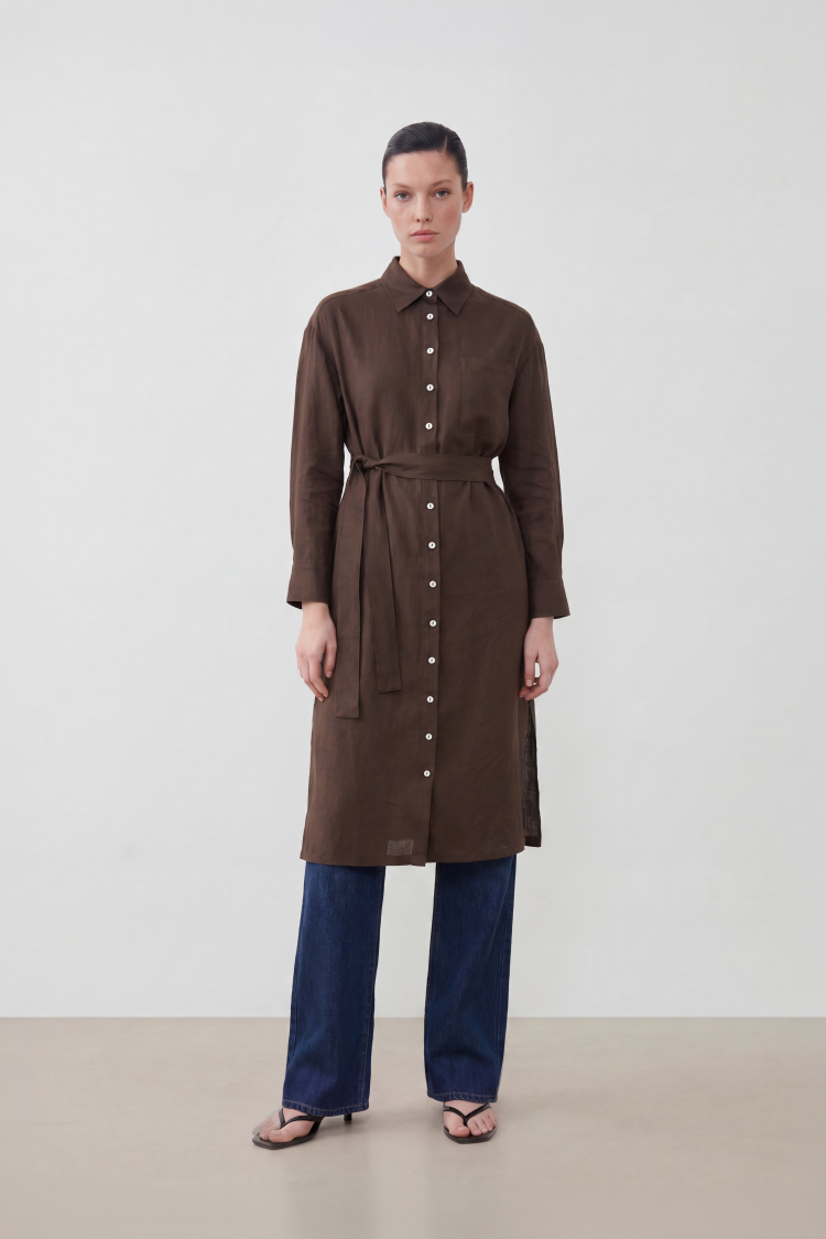 NATURAL %100 LINEN LONG SHIRT BROWN