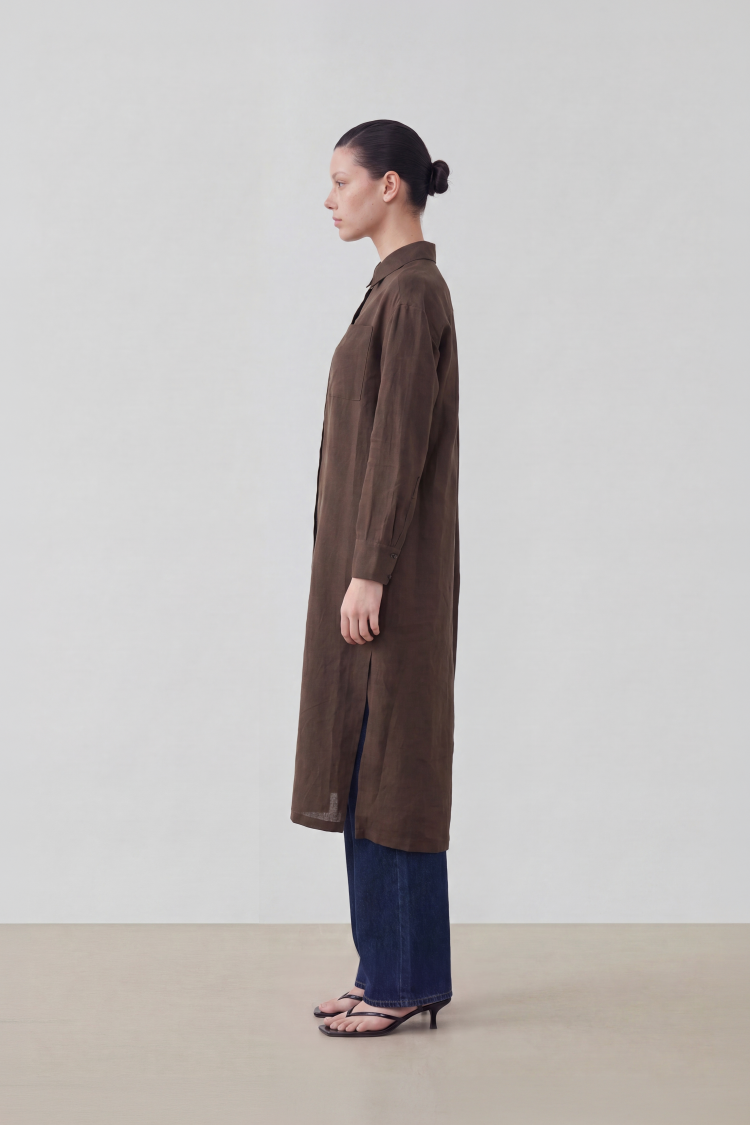 NATURAL %100 LINEN LONG SHIRT BROWN