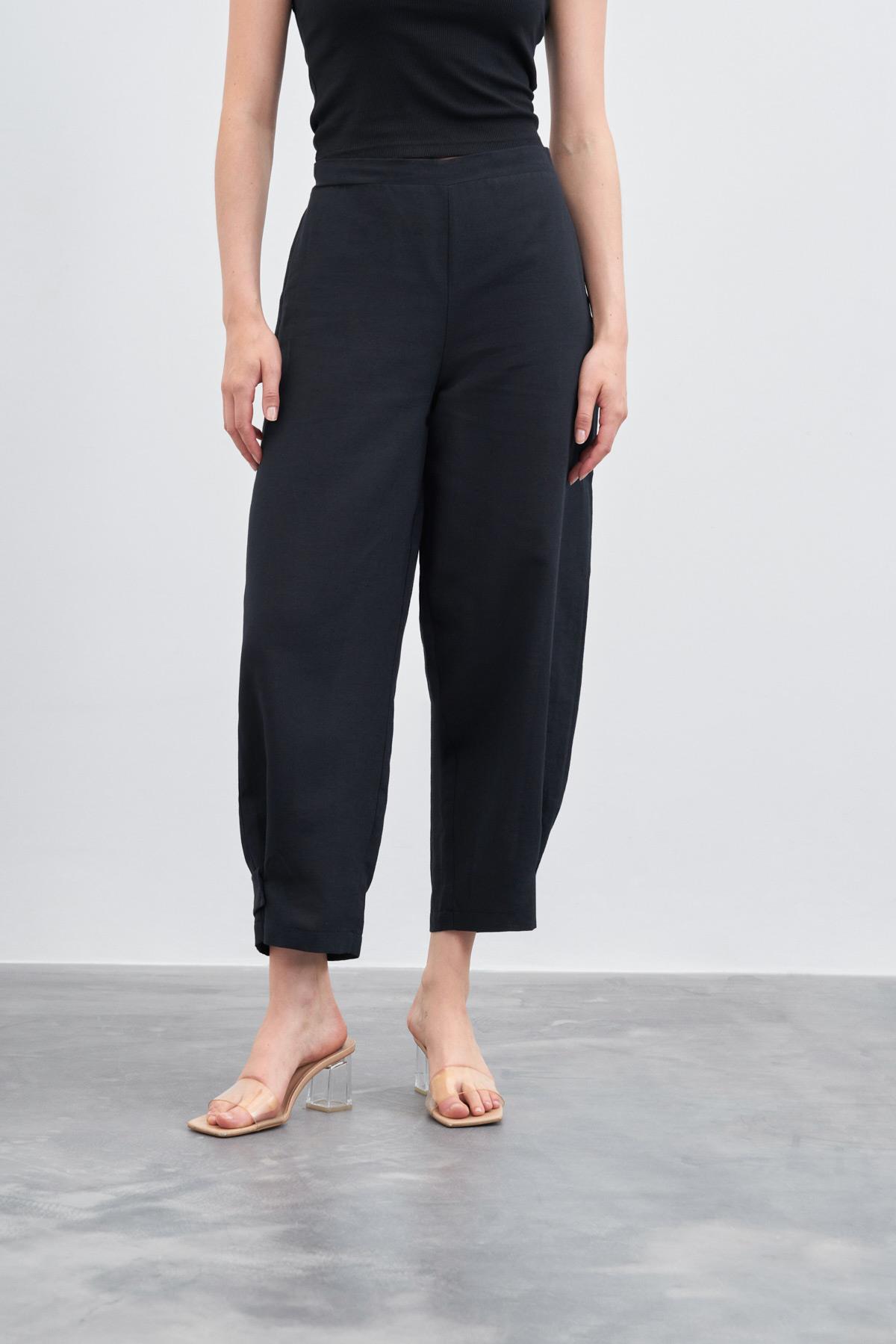NATURAL KETEN PAÇA DETAYLI PANTOLON SİYAH