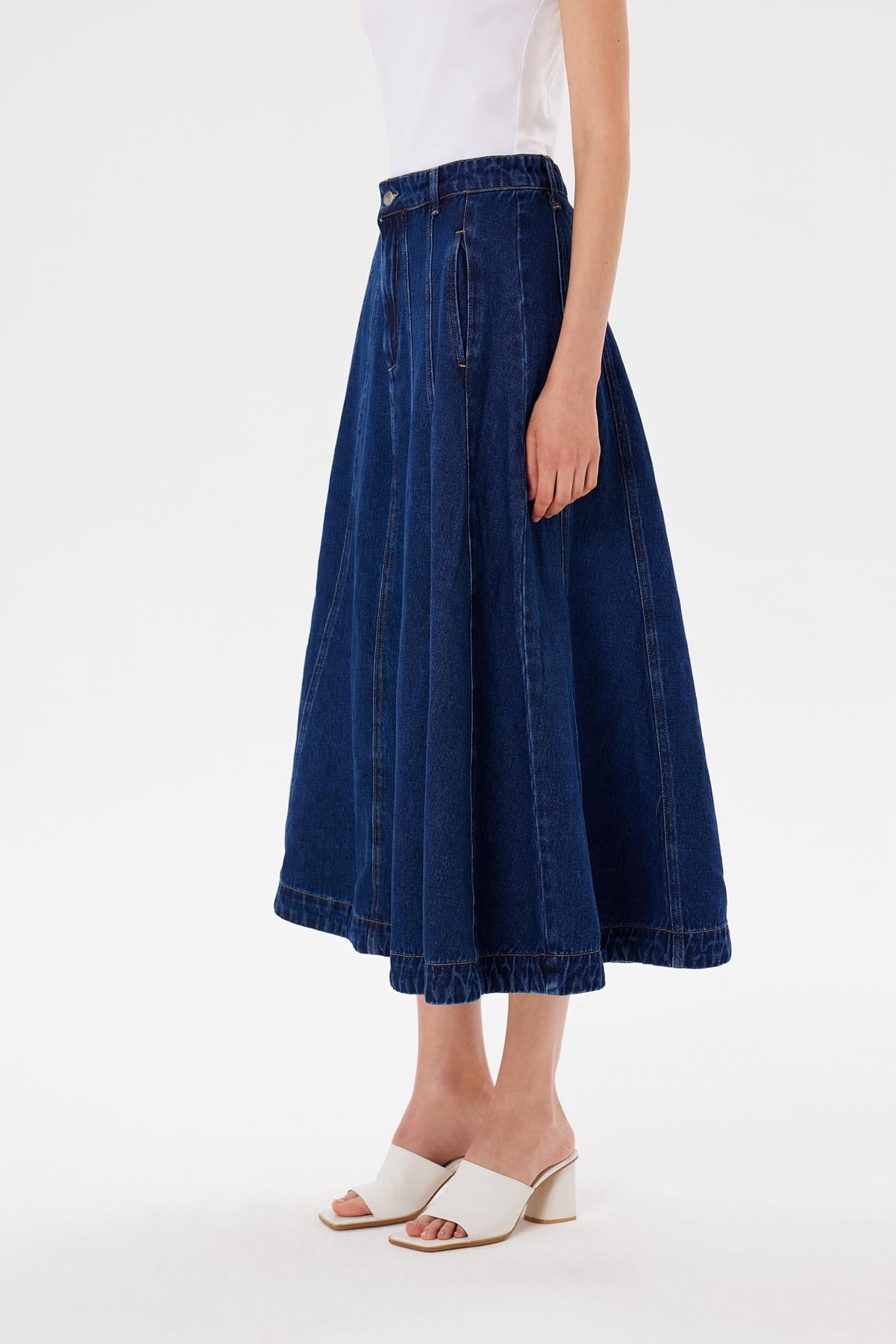 PARÇALI DENIM KOT ETEK KOYU LACİVERT