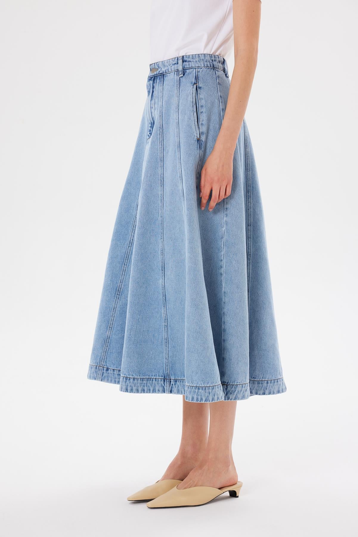 PARÇALI DENIM KOT ETEK MAVİ