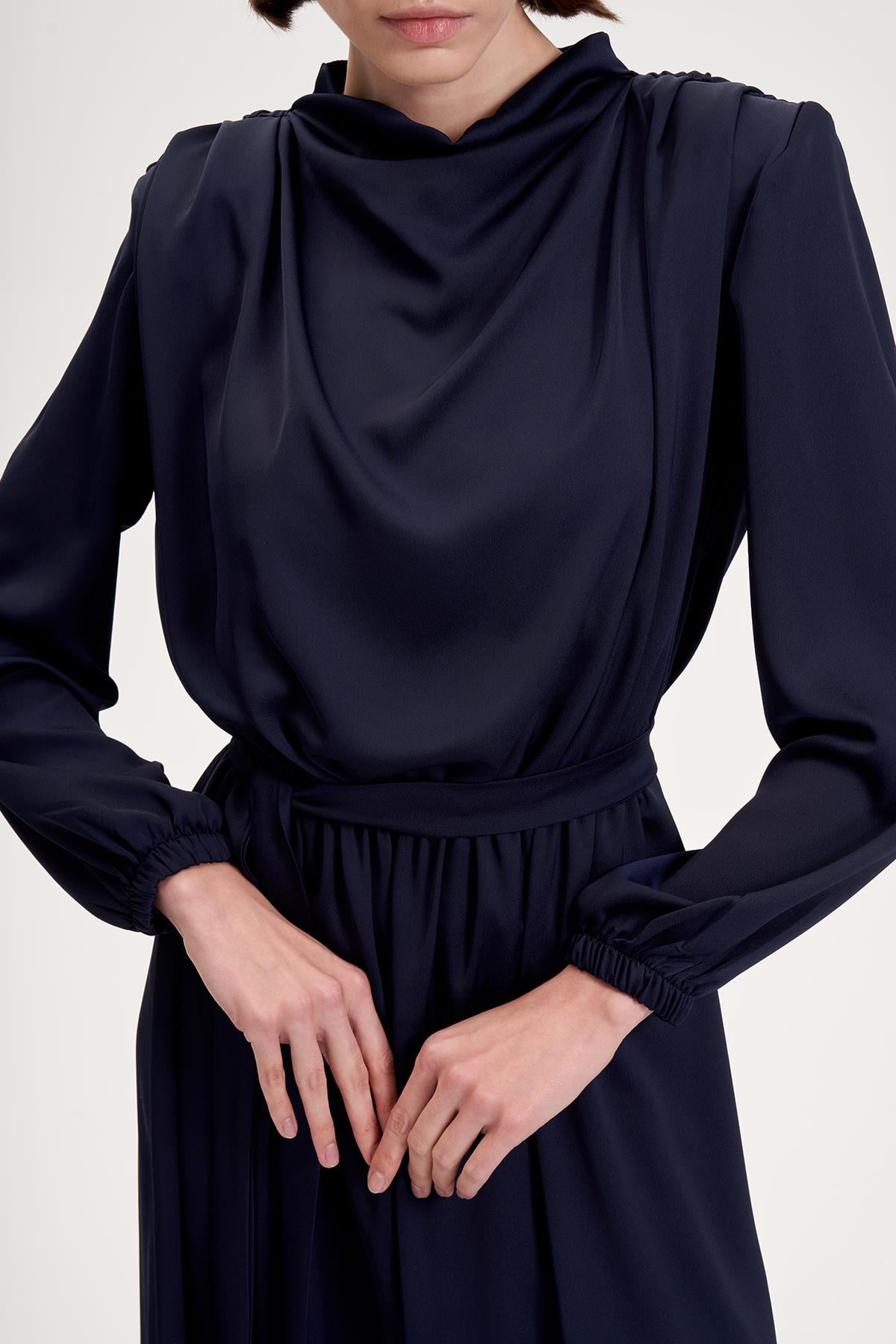 PORTE SATEN ELBİSE LACİVERT