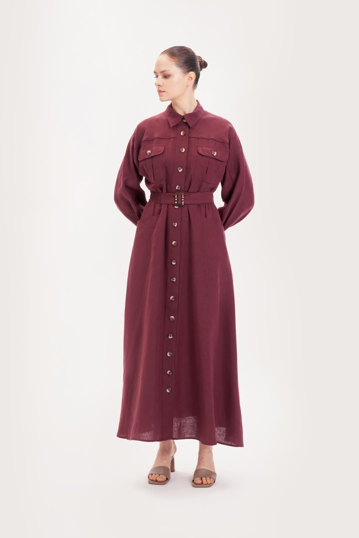 RİVA %100 KETEN KEMERLİ ELBİSE BORDO