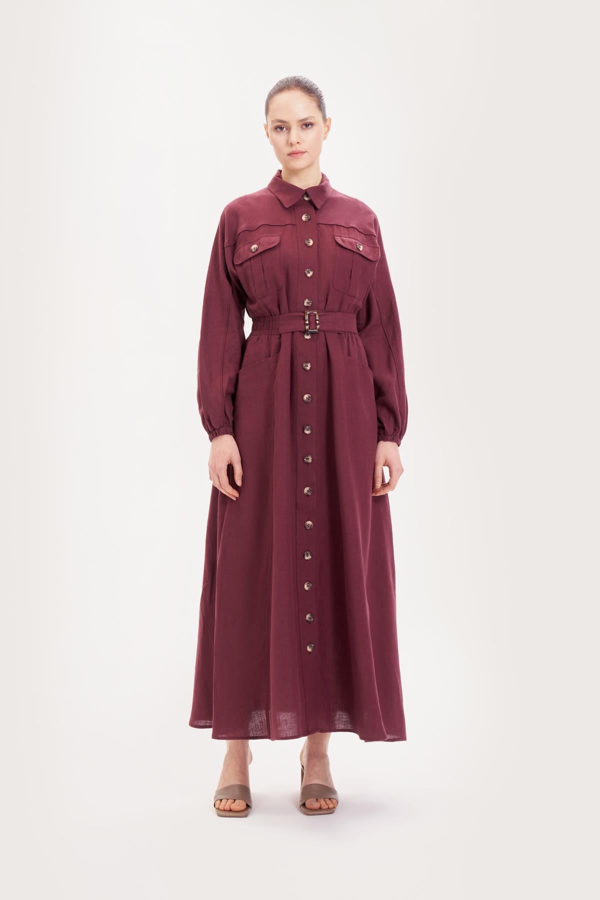 RİVA %100 KETEN KEMERLİ ELBİSE BORDO