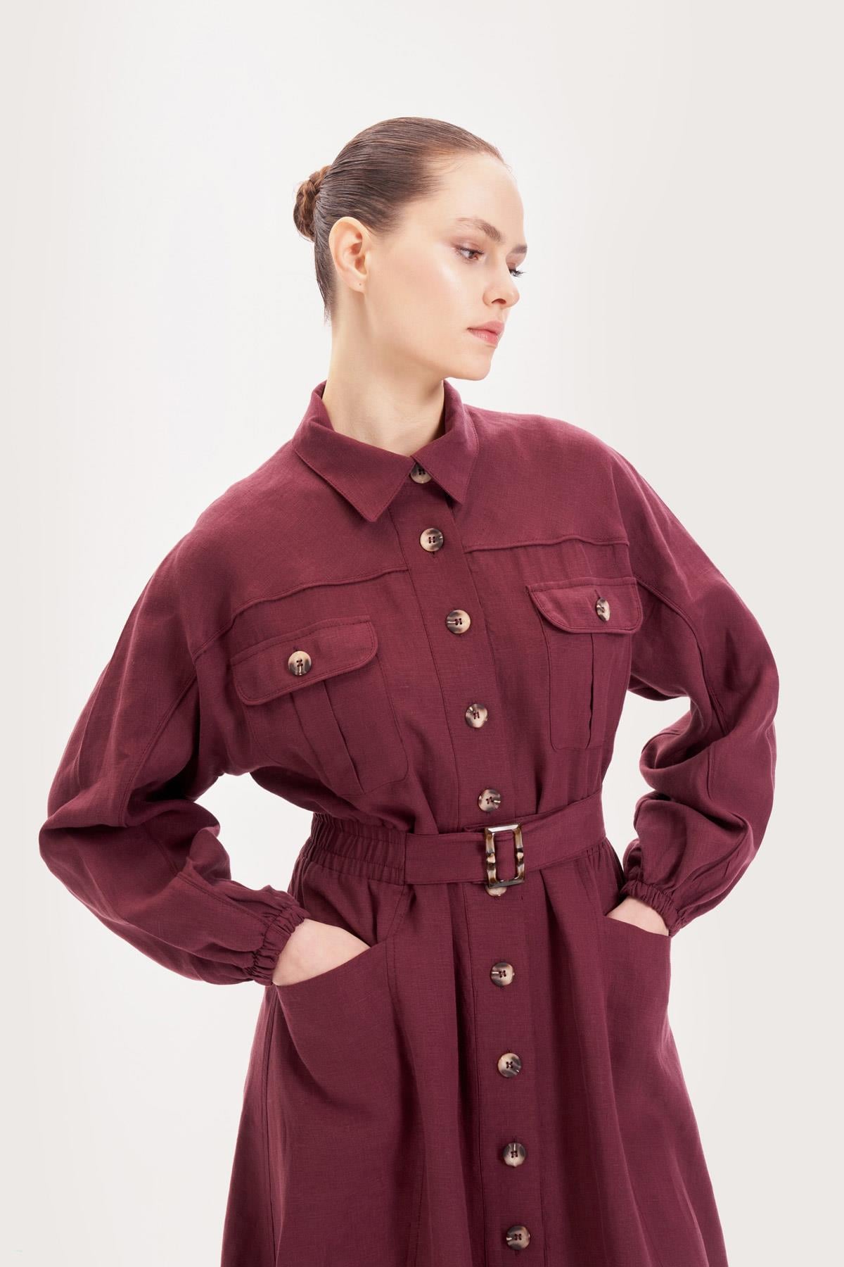 RİVA %100 KETEN KEMERLİ ELBİSE BORDO