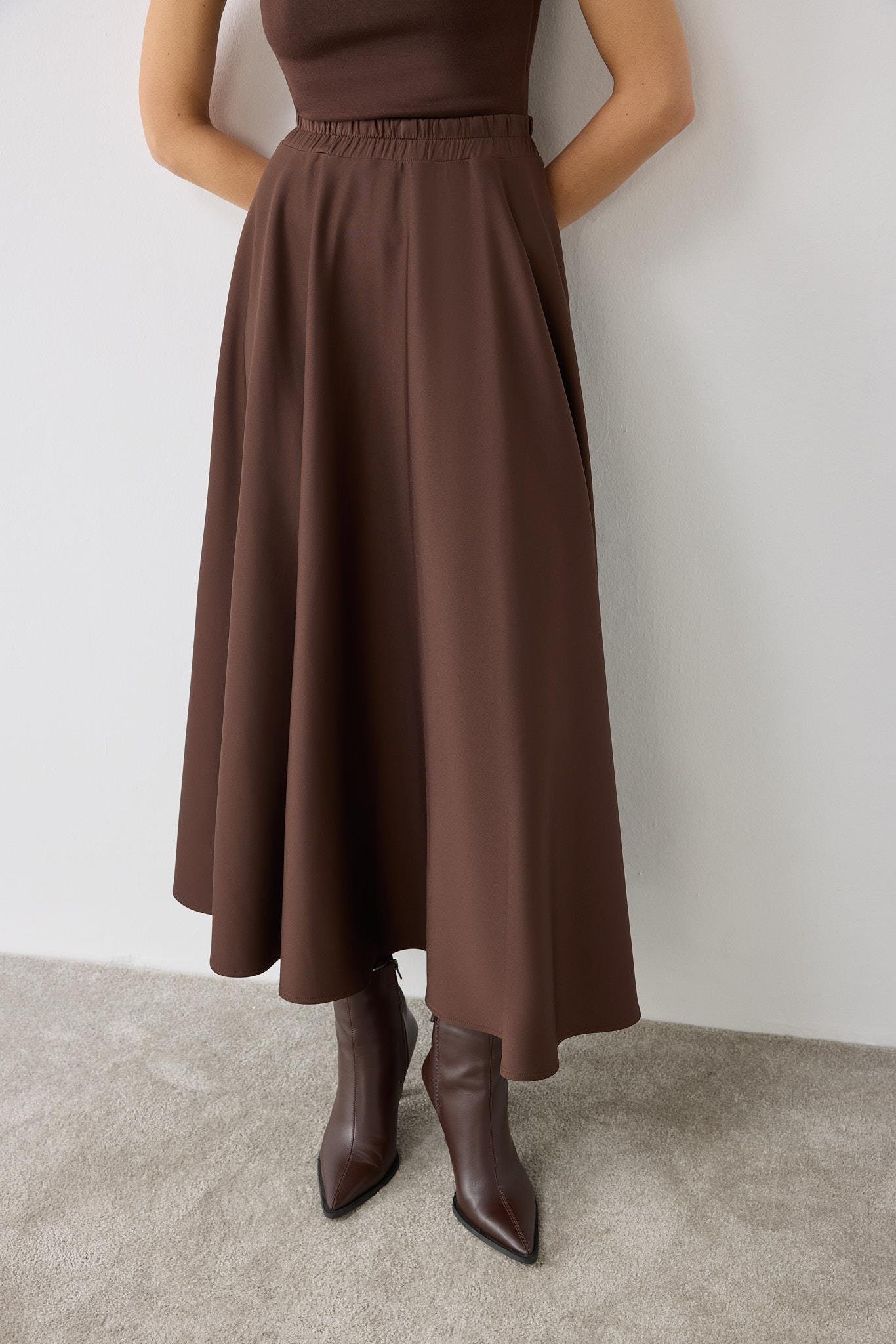 SCUBA FLARED SKIRT DARK BROWN