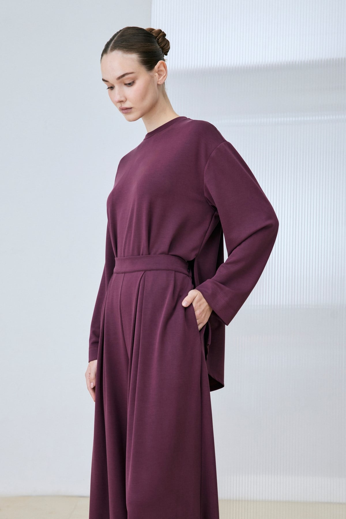 SILVA VİSKON PİLE DETAY PANTOLONLU TAKIM BORDO
