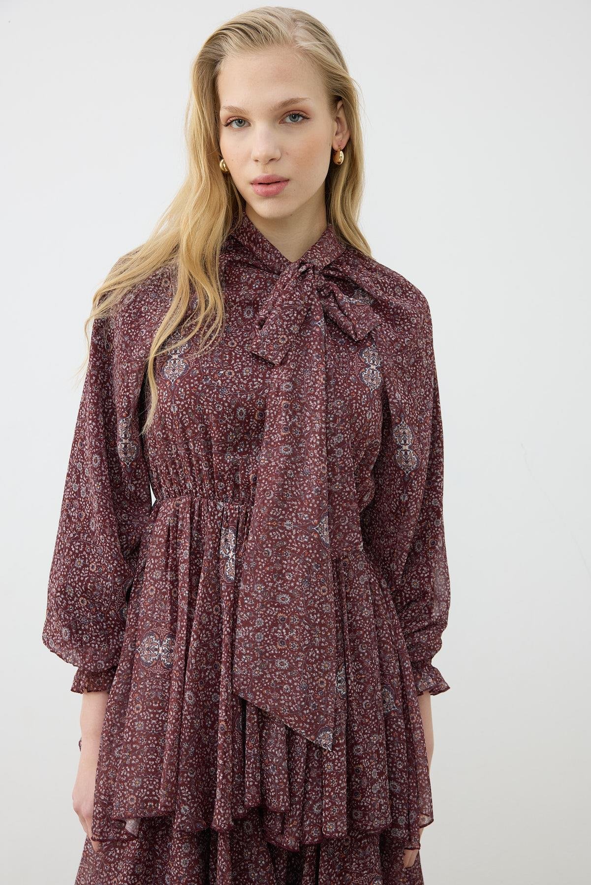 SPRİNG DESENLİ ŞİFON KATLI ELBİSE BORDO