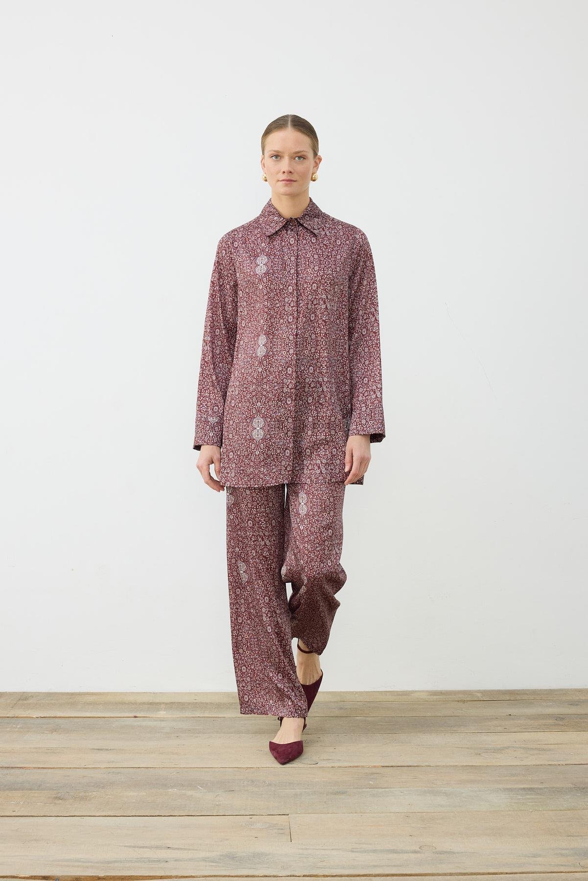 SPRİNG DESENLİ  TWİLL PANTOLONLU TAKIM BORDO