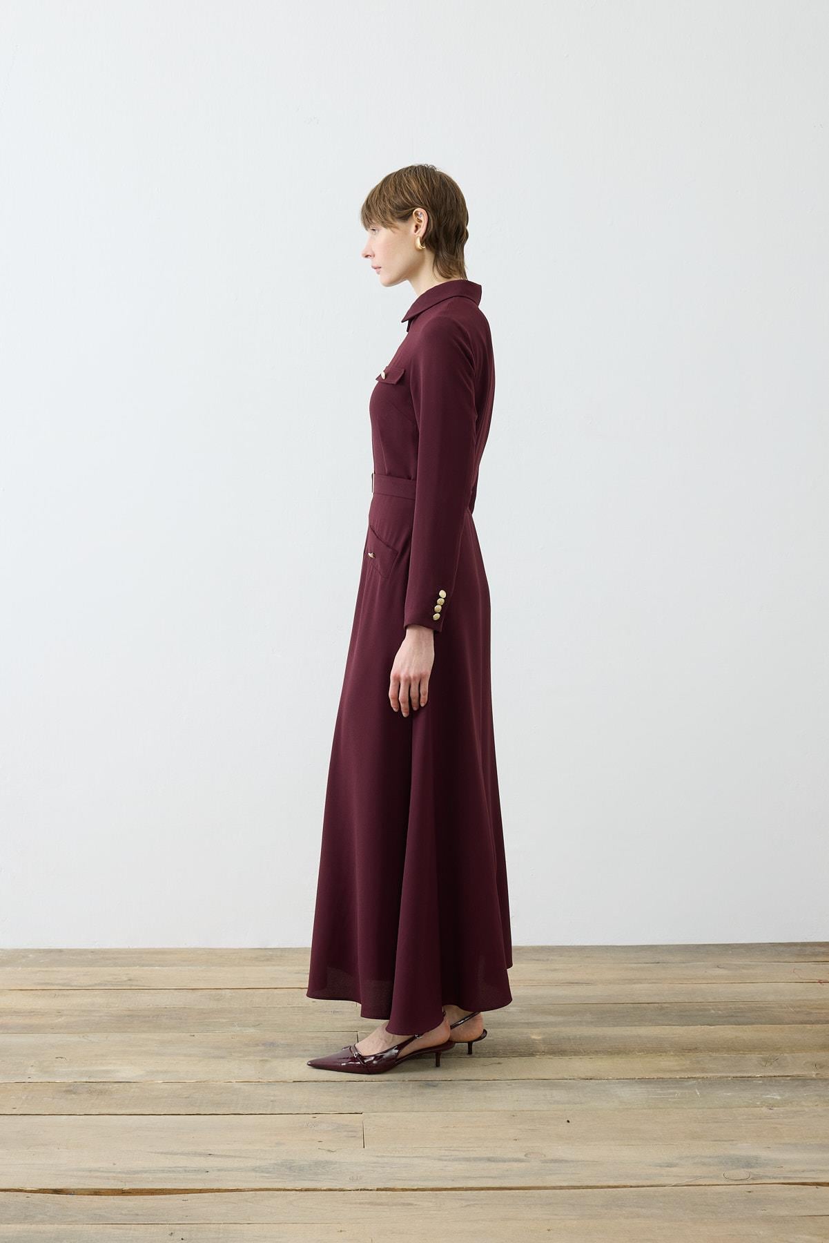 VALEN CEPLİ KREP ELBİSE BORDO