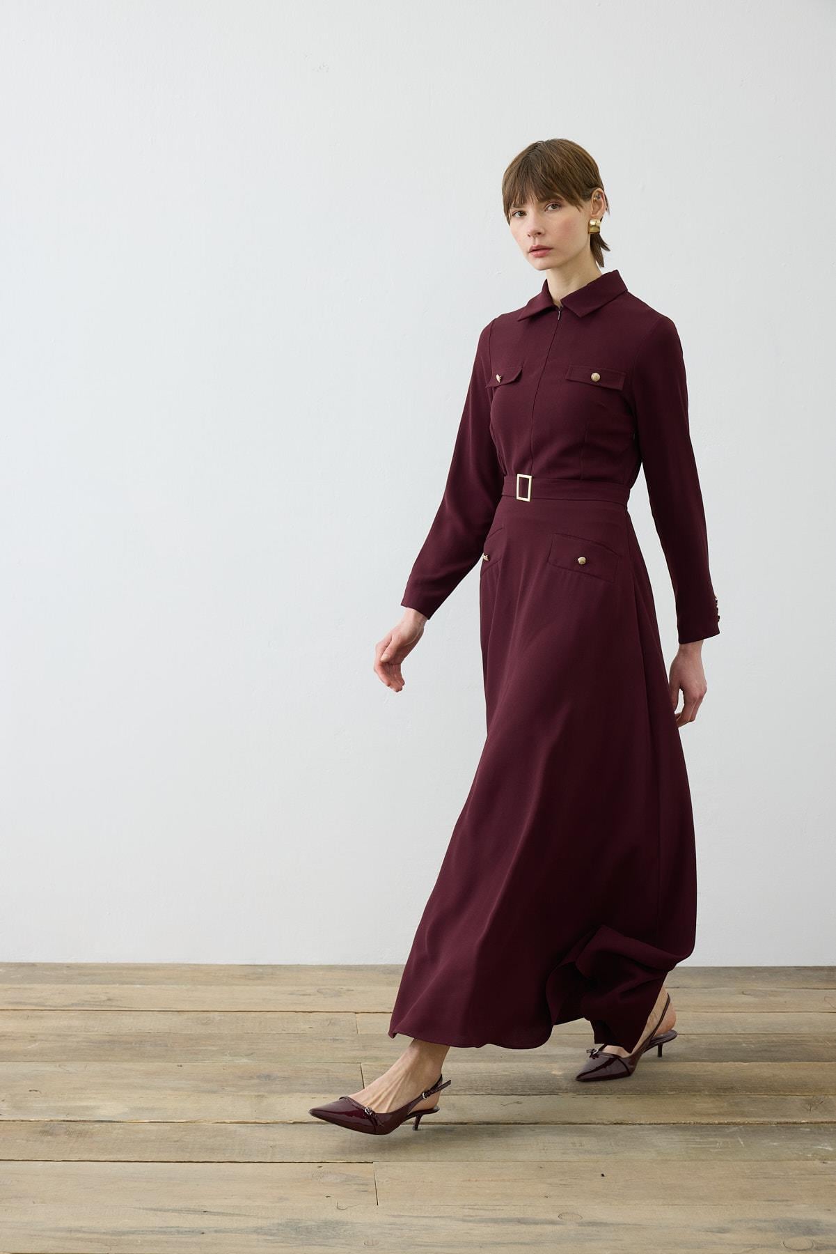 VALEN CEPLİ KREP ELBİSE BORDO