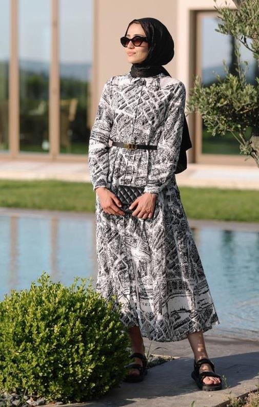 VALENCE DESENLİ YAKALI ELBİSE SİYAH