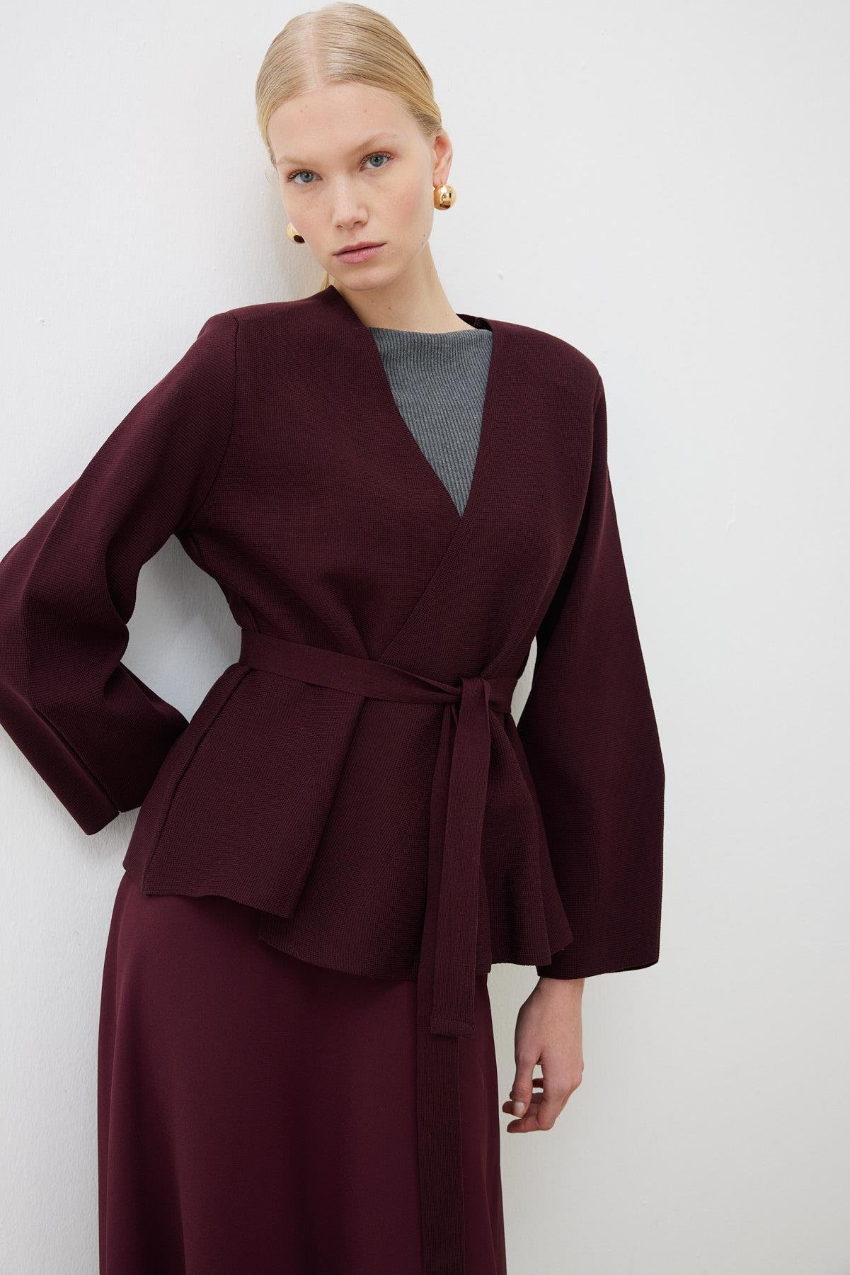 VERA ÇELİK ÖRME PEPLUM HIRKA BORDO