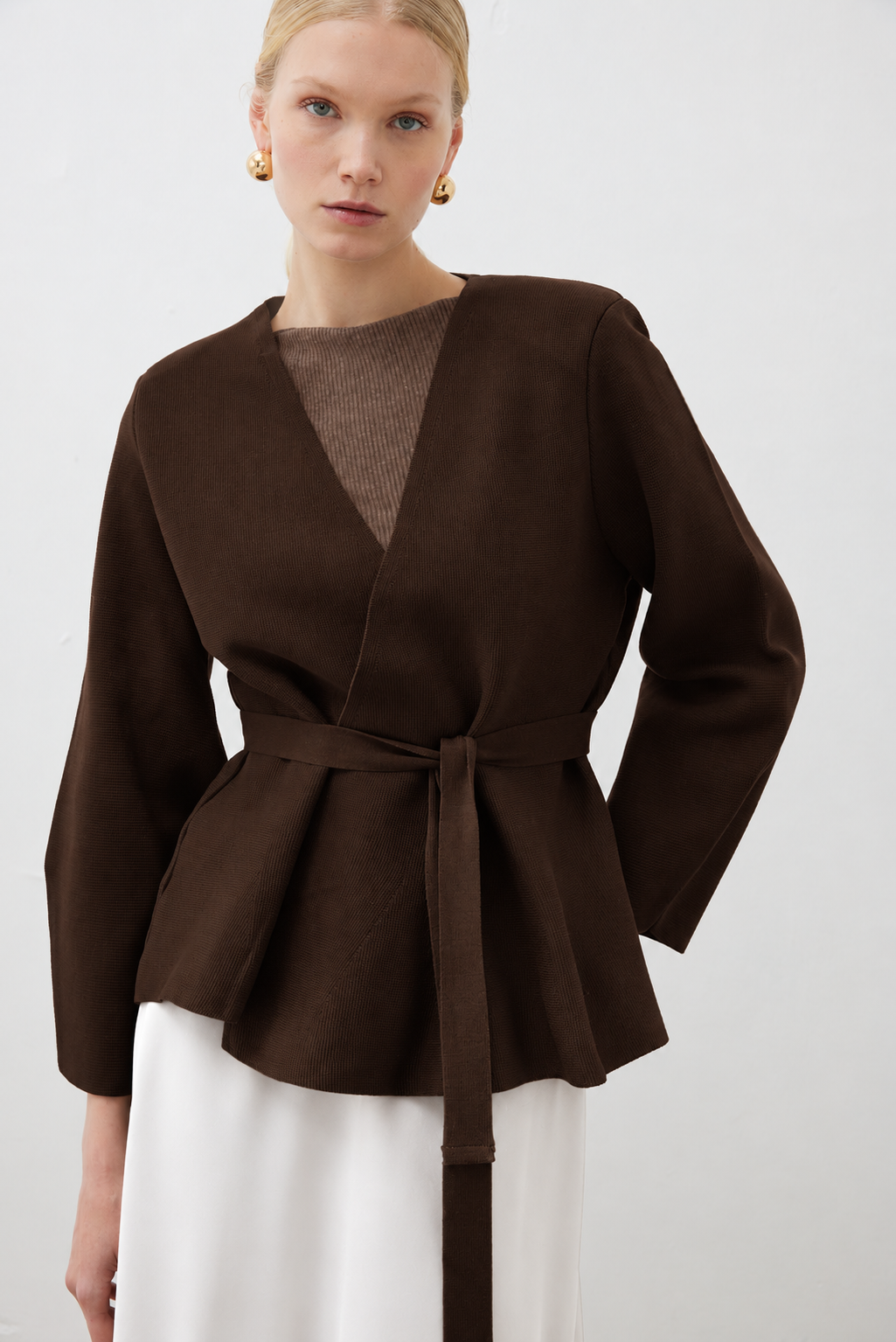 VERA ÇELİK ÖRME PEPLUM HIRKA KAHVE