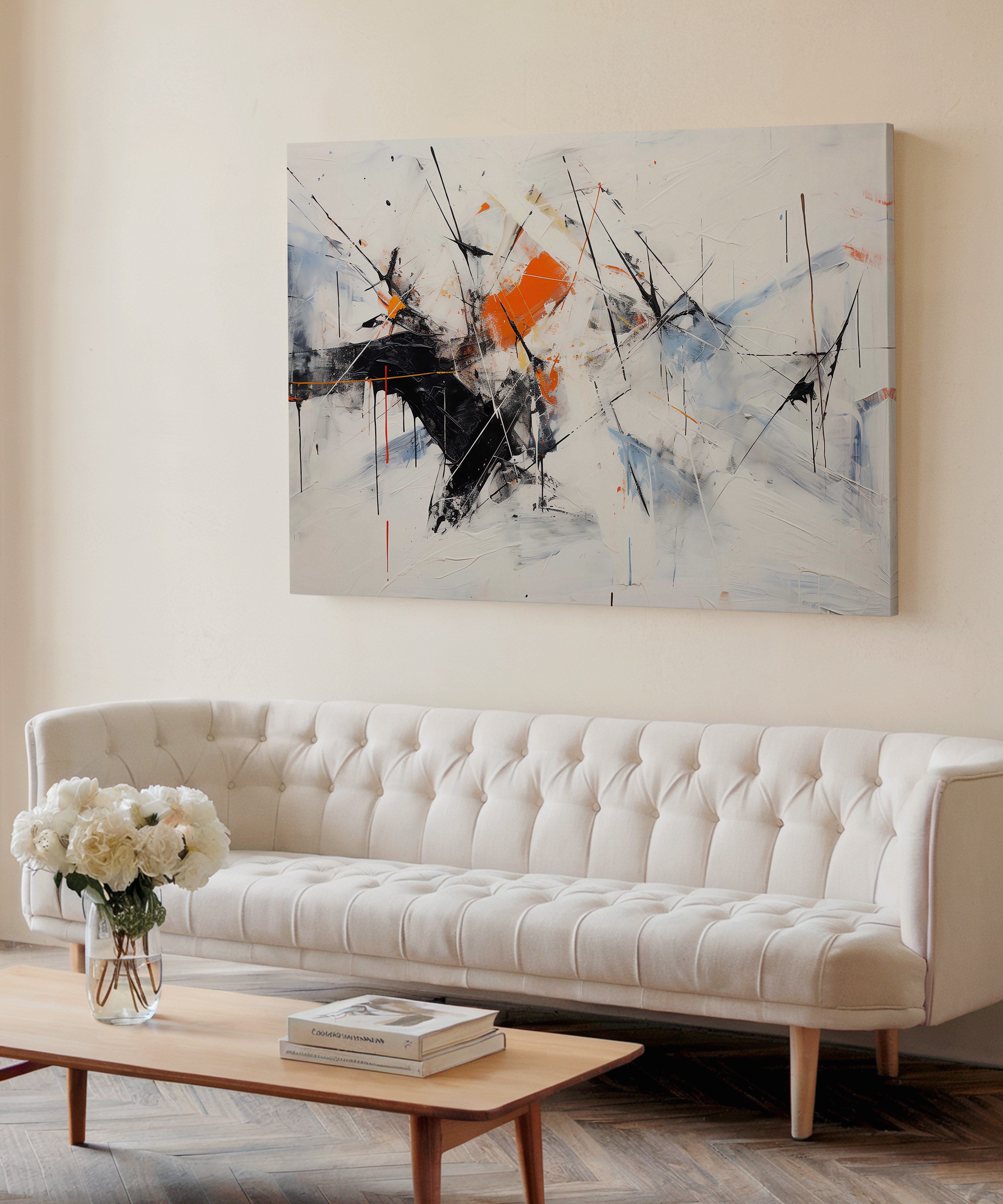 Beyaz Çizgisel | Yağlıboya dokulu canvas baskı