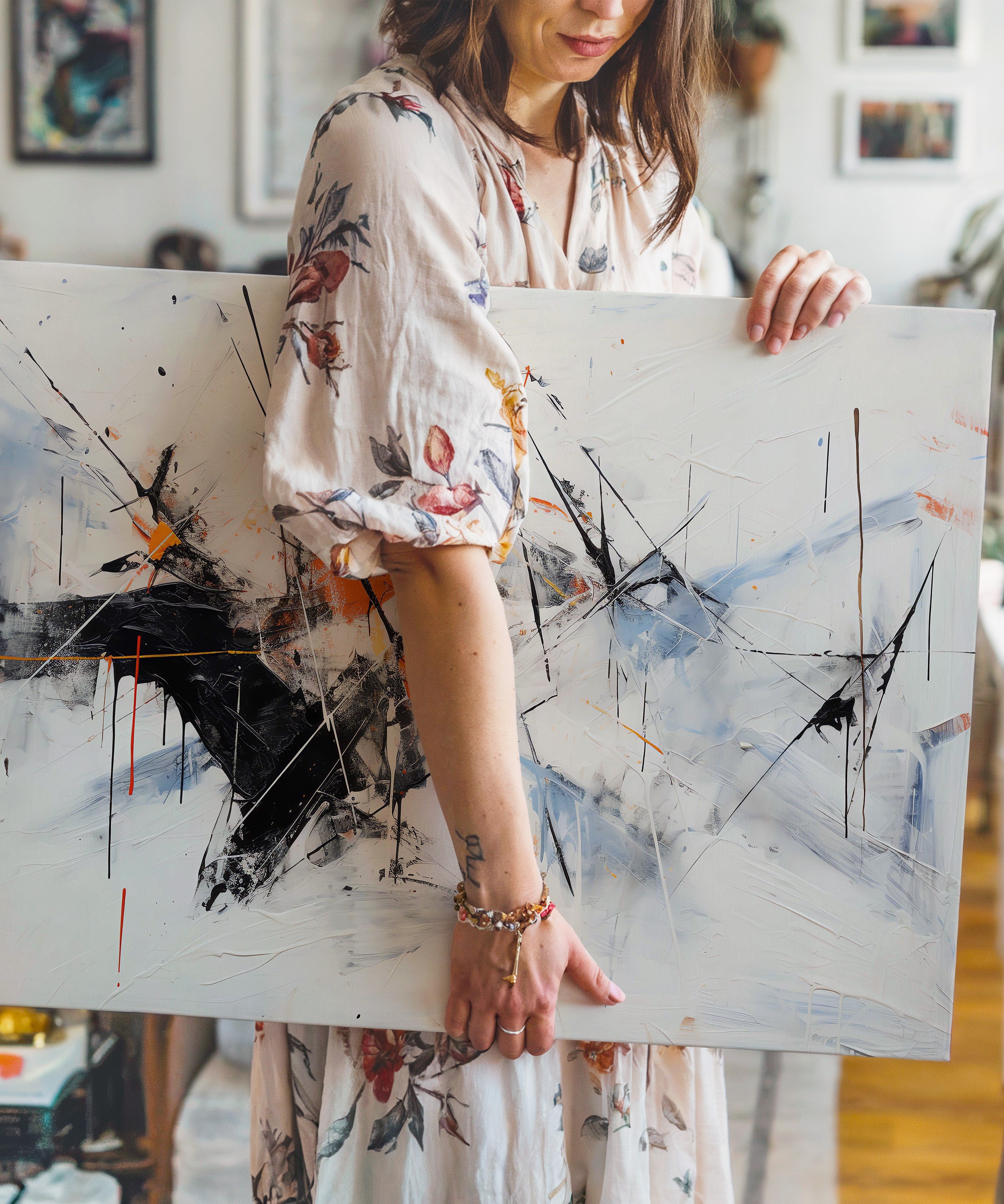 Beyaz Çizgisel | Yağlıboya dokulu canvas baskı