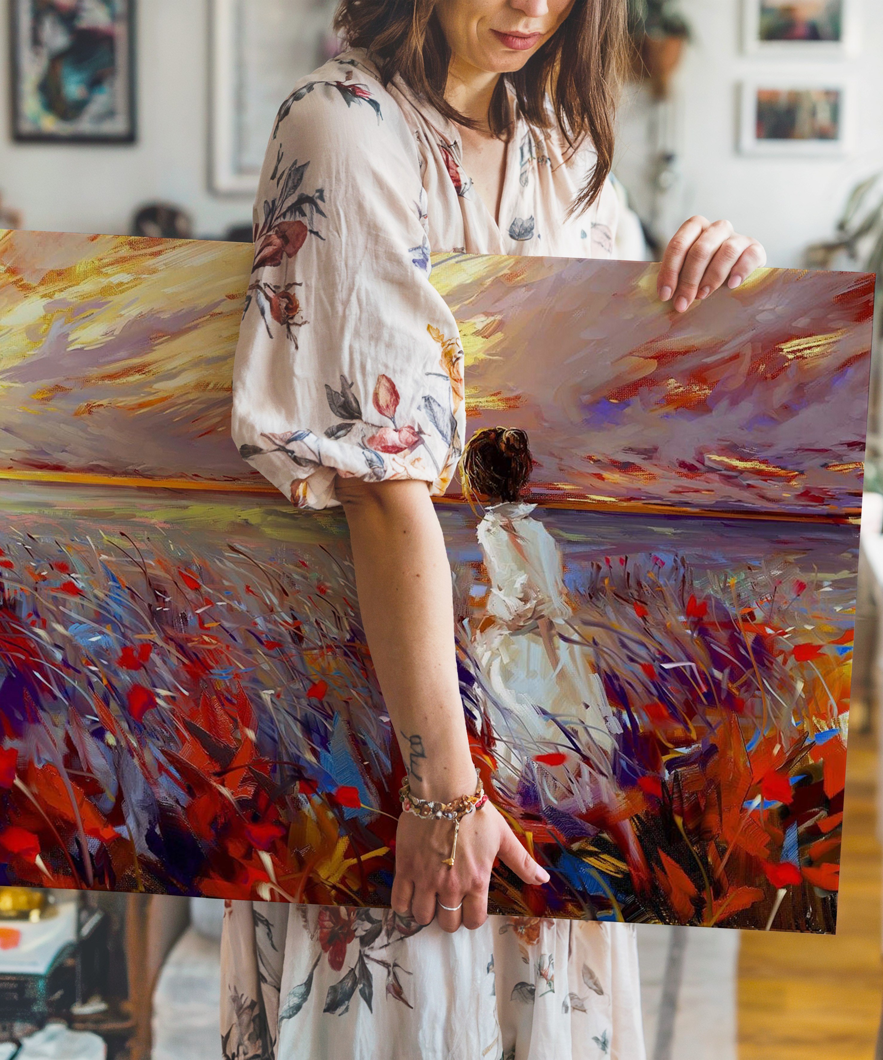 Çiçekler Arasında | Yağlıboya dokulu canvas baskı