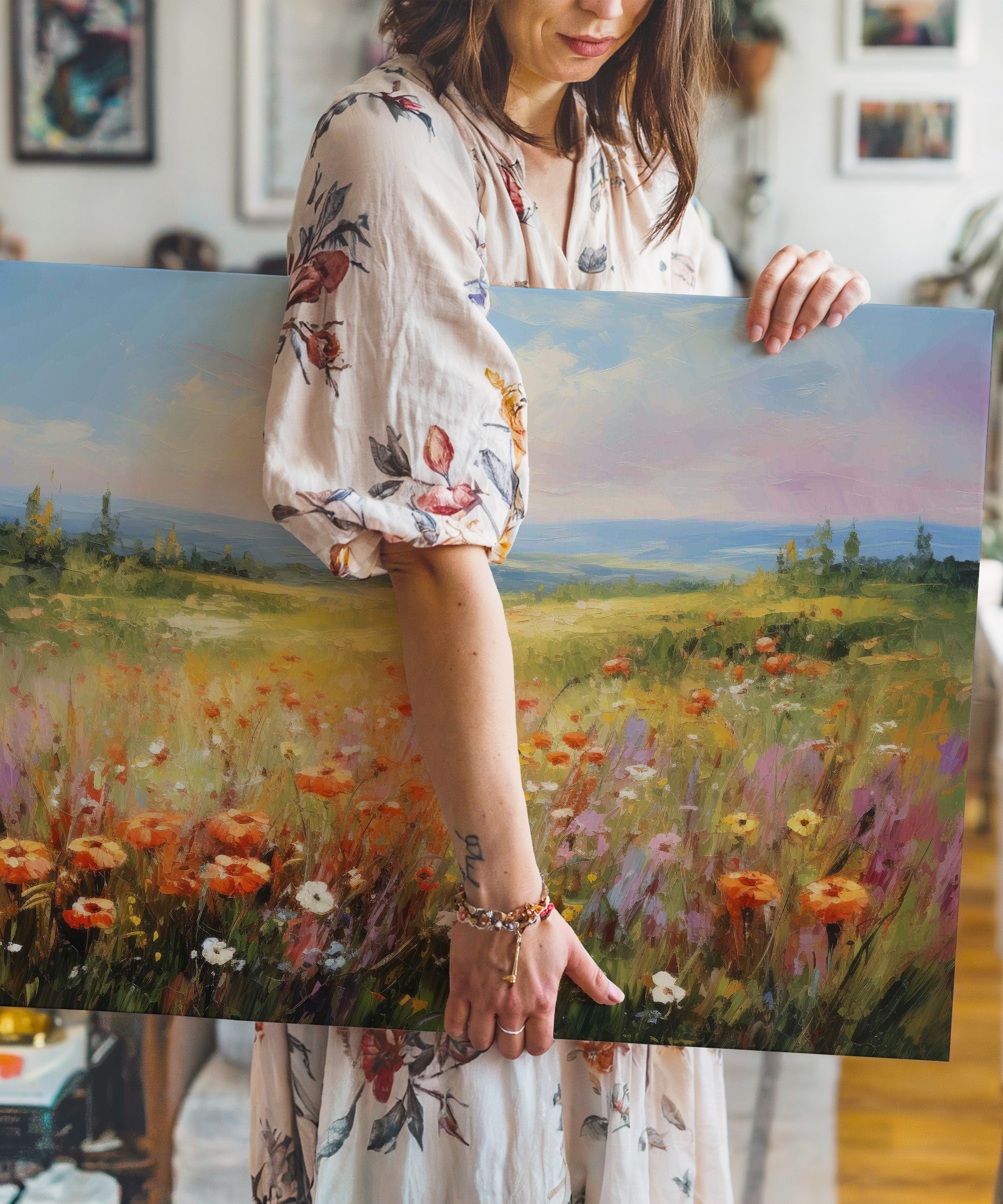 Çiçeklere Düşen Işık | Yağlı Boya Dokulu Canvas Baskı