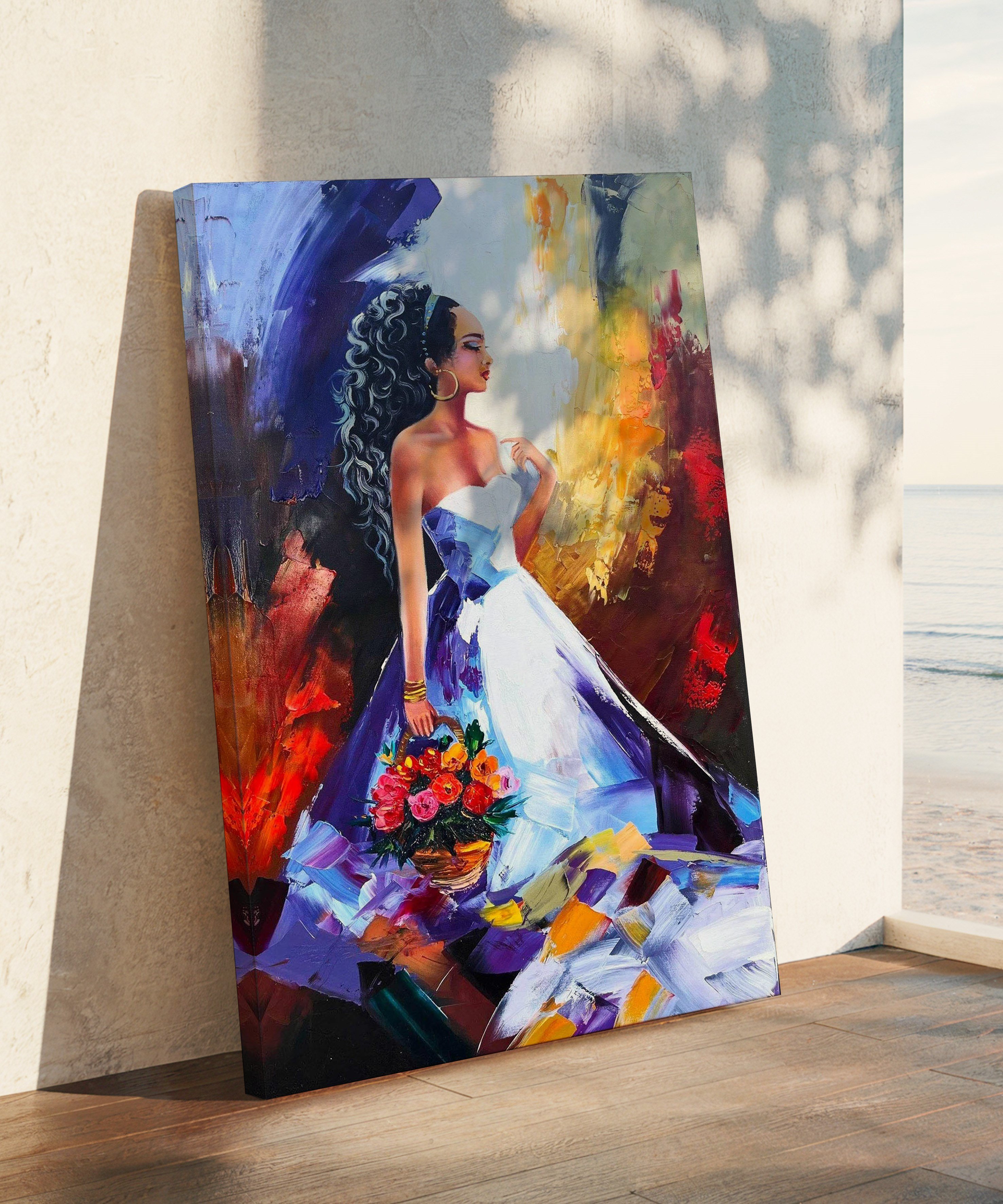 Elimde çiçek sepeti  | Yağlıboya dokulu canvas baskı