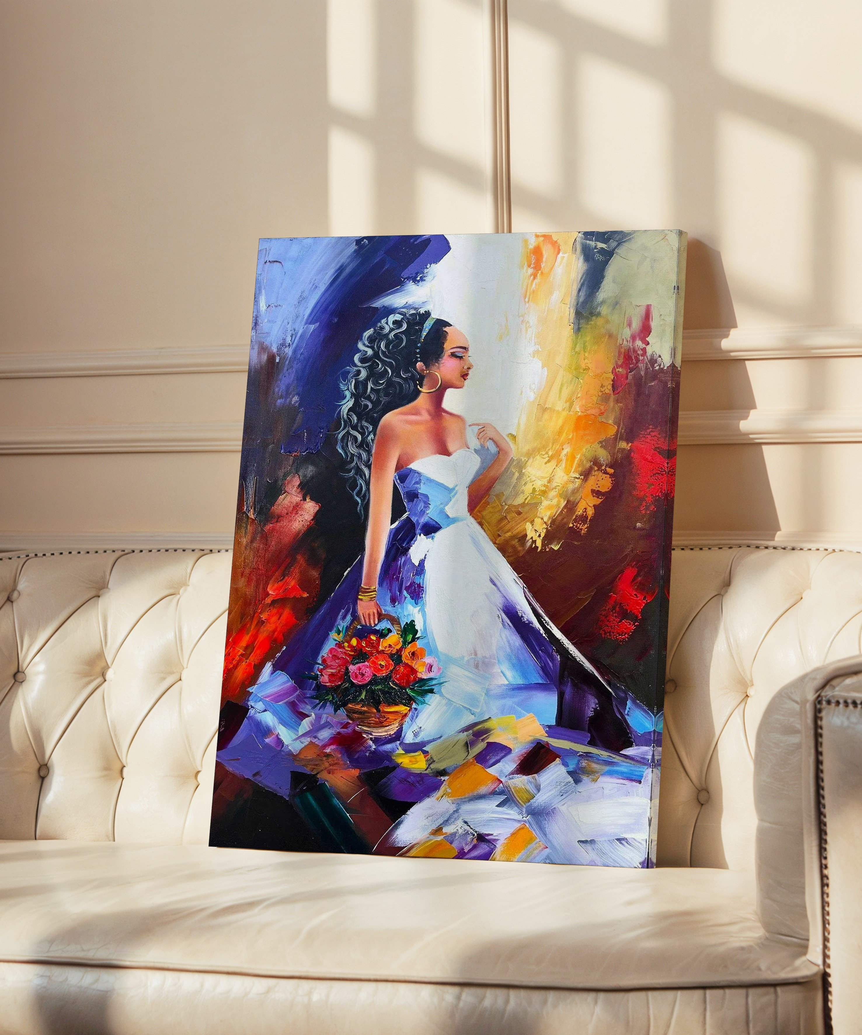 Elimde çiçek sepeti  | Yağlıboya dokulu canvas baskı