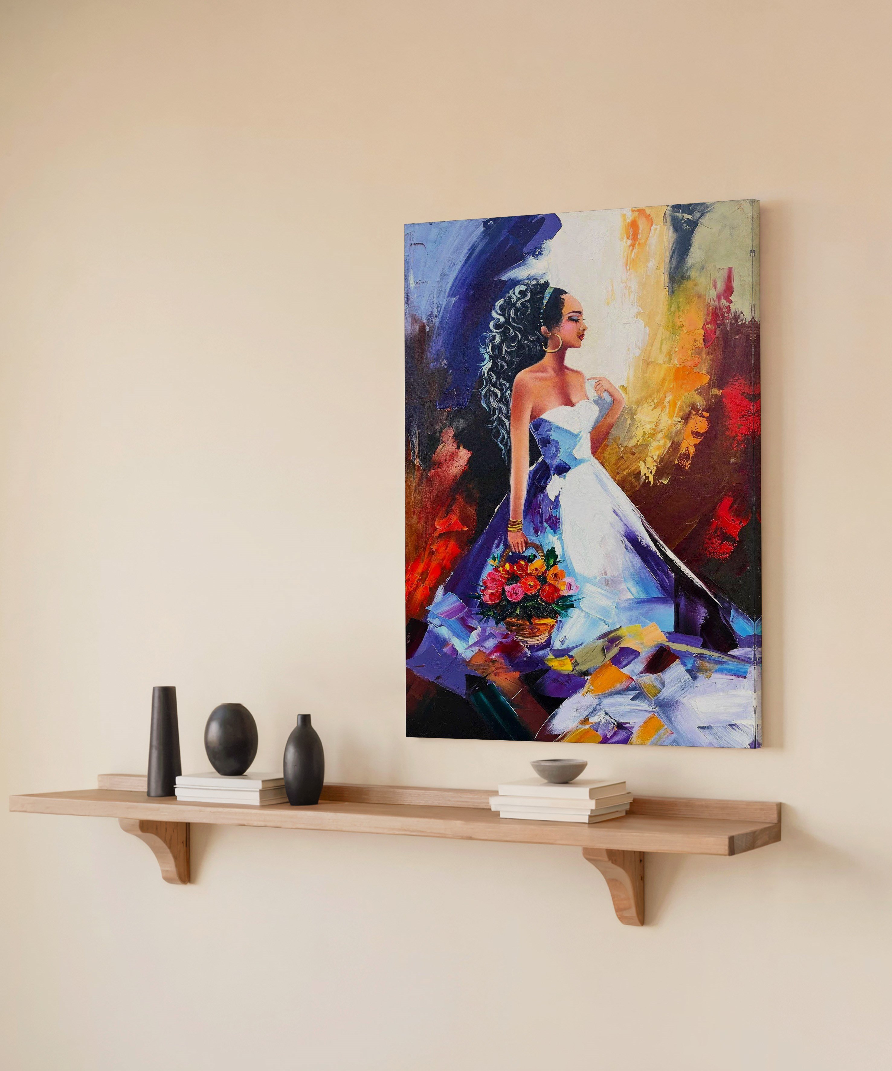 Elimde çiçek sepeti  | Yağlıboya dokulu canvas baskı