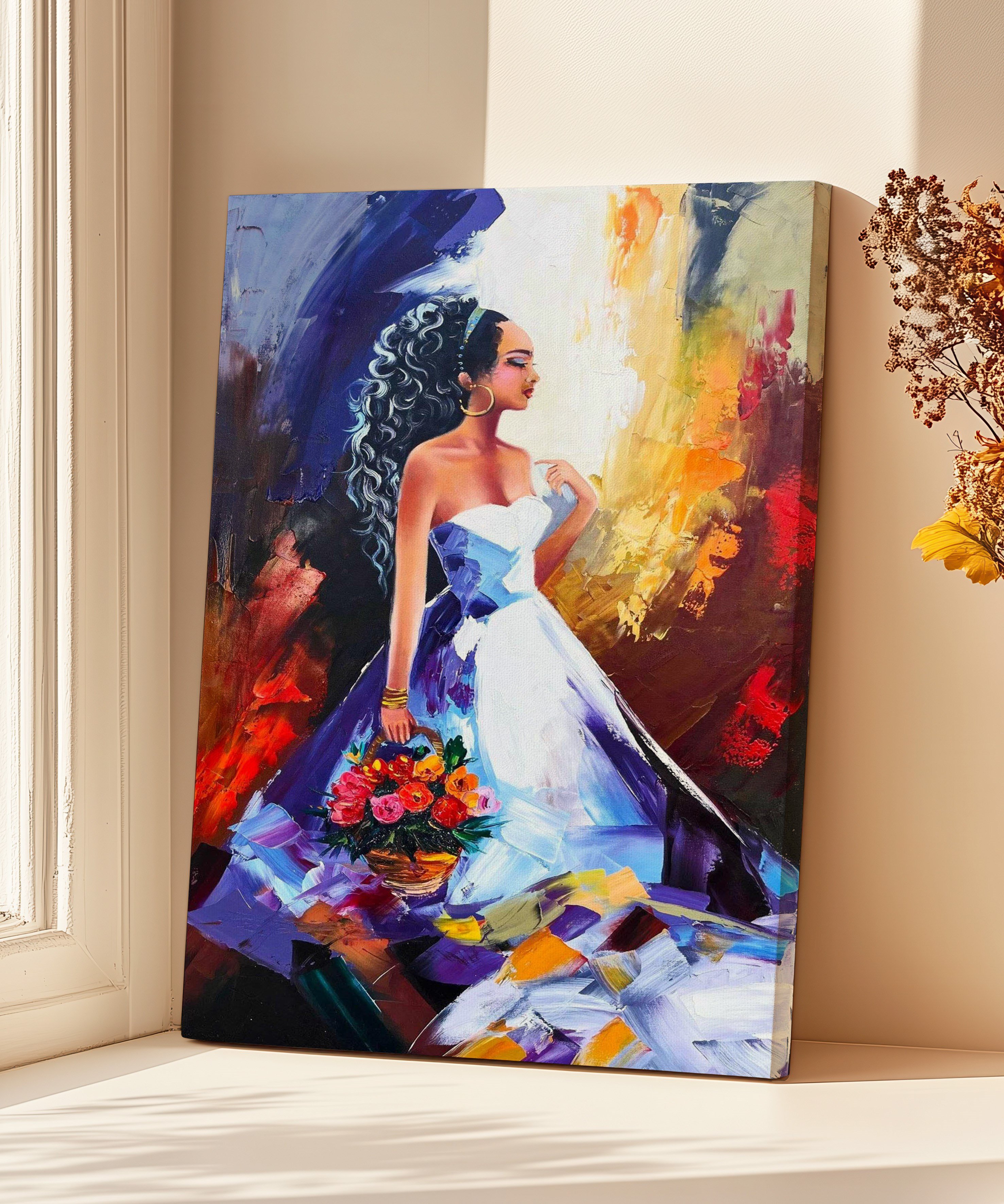 Elimde çiçek sepeti  | Yağlıboya dokulu canvas baskı