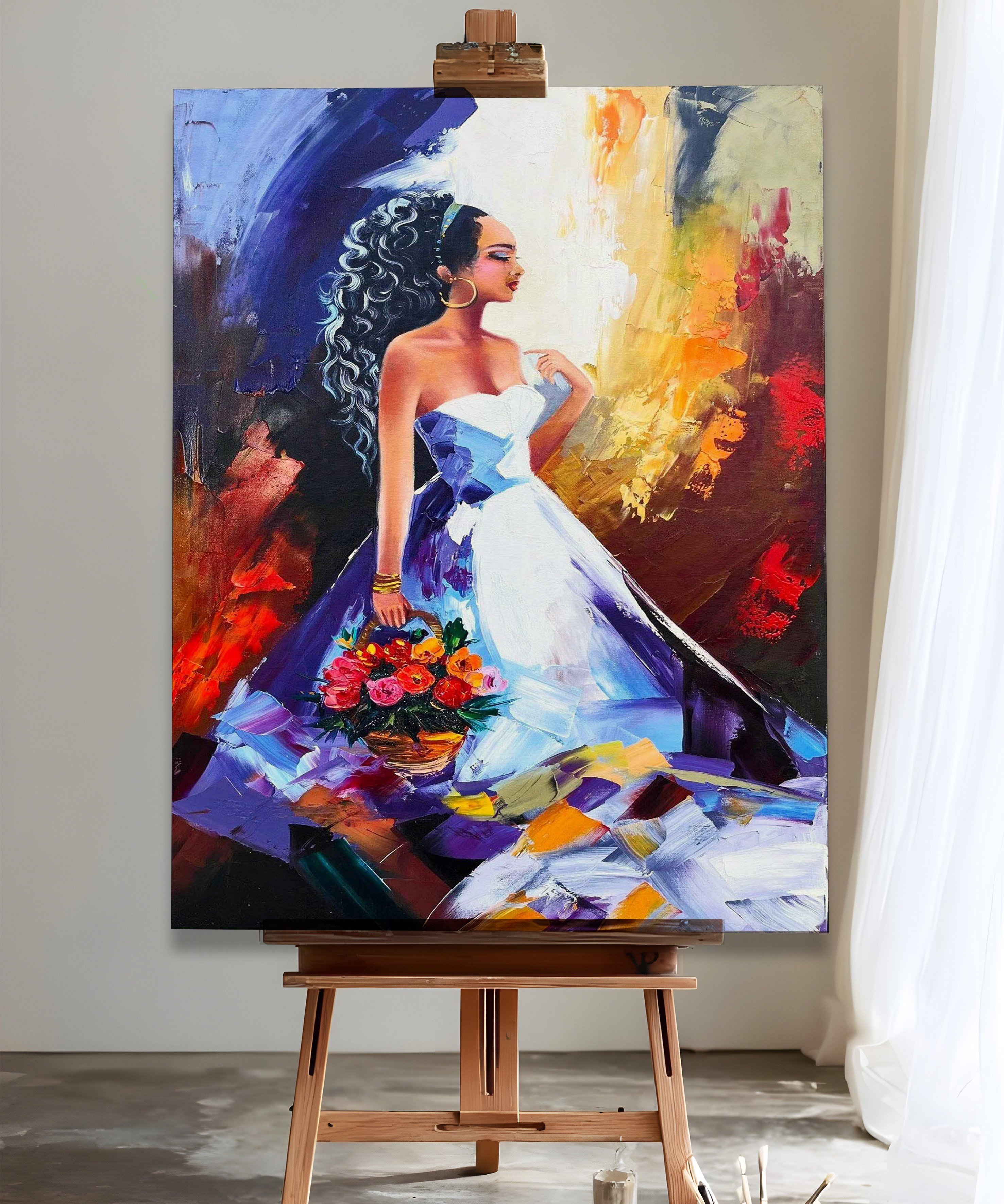 Elimde çiçek sepeti  | Yağlıboya dokulu canvas baskı
